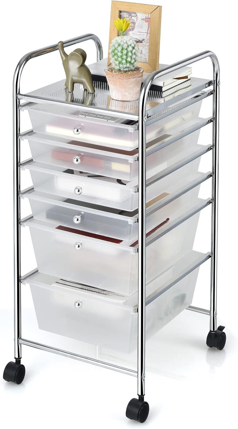 image:imageGiantex 6 Storage Drawer Cart Rolling Organizer Cart for Tools Scrapbook Paper Home Office School Multipurpose Mobile Utility Cart Beige amp YellowClear White