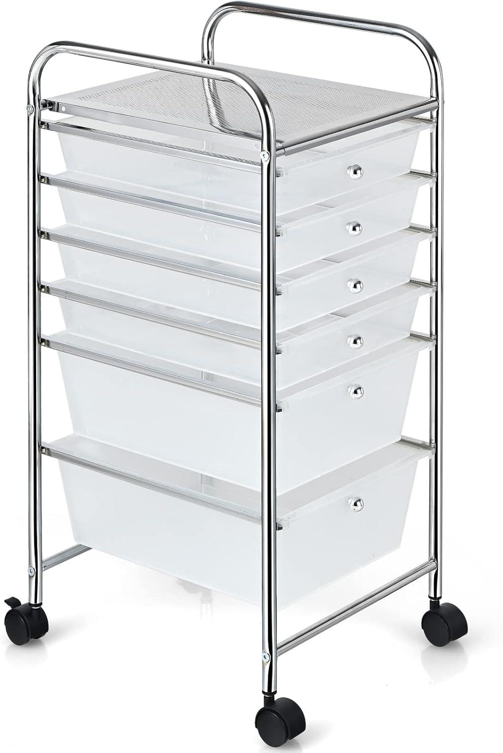 image:imageGiantex 6 Storage Drawer Cart Rolling Organizer Cart for Tools Scrapbook Paper Home Office School Multipurpose Mobile Utility Cart Beige amp YellowClear White
