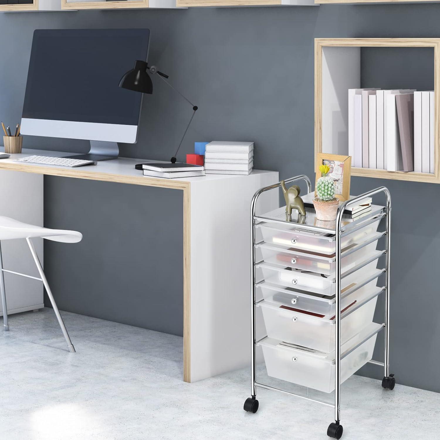 image:imageGiantex 6 Storage Drawer Cart Rolling Organizer Cart for Tools Scrapbook Paper Home Office School Multipurpose Mobile Utility Cart Beige amp YellowClear White