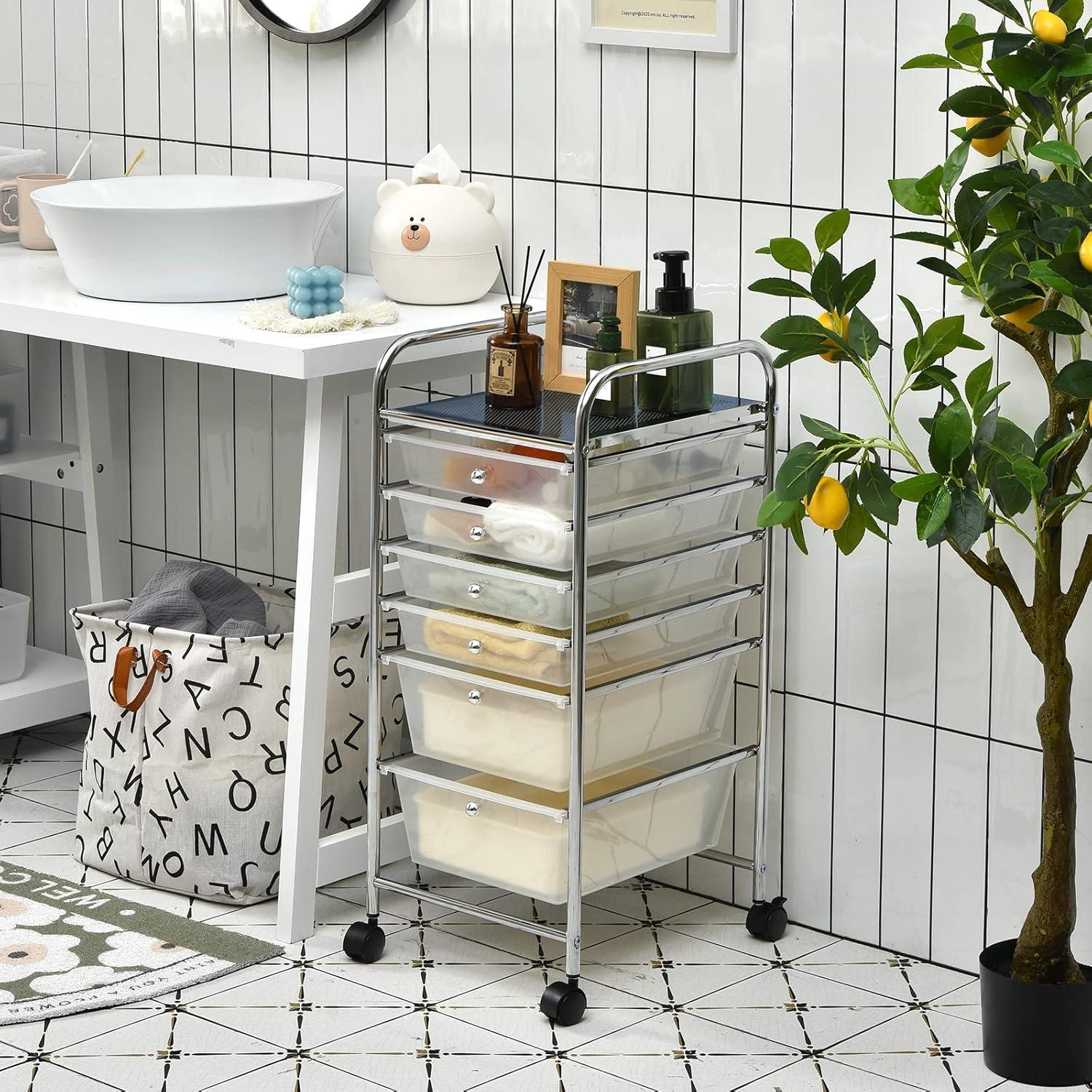 image:imageGiantex 6 Storage Drawer Cart Rolling Organizer Cart for Tools Scrapbook Paper Home Office School Multipurpose Mobile Utility Cart Beige amp YellowClear White