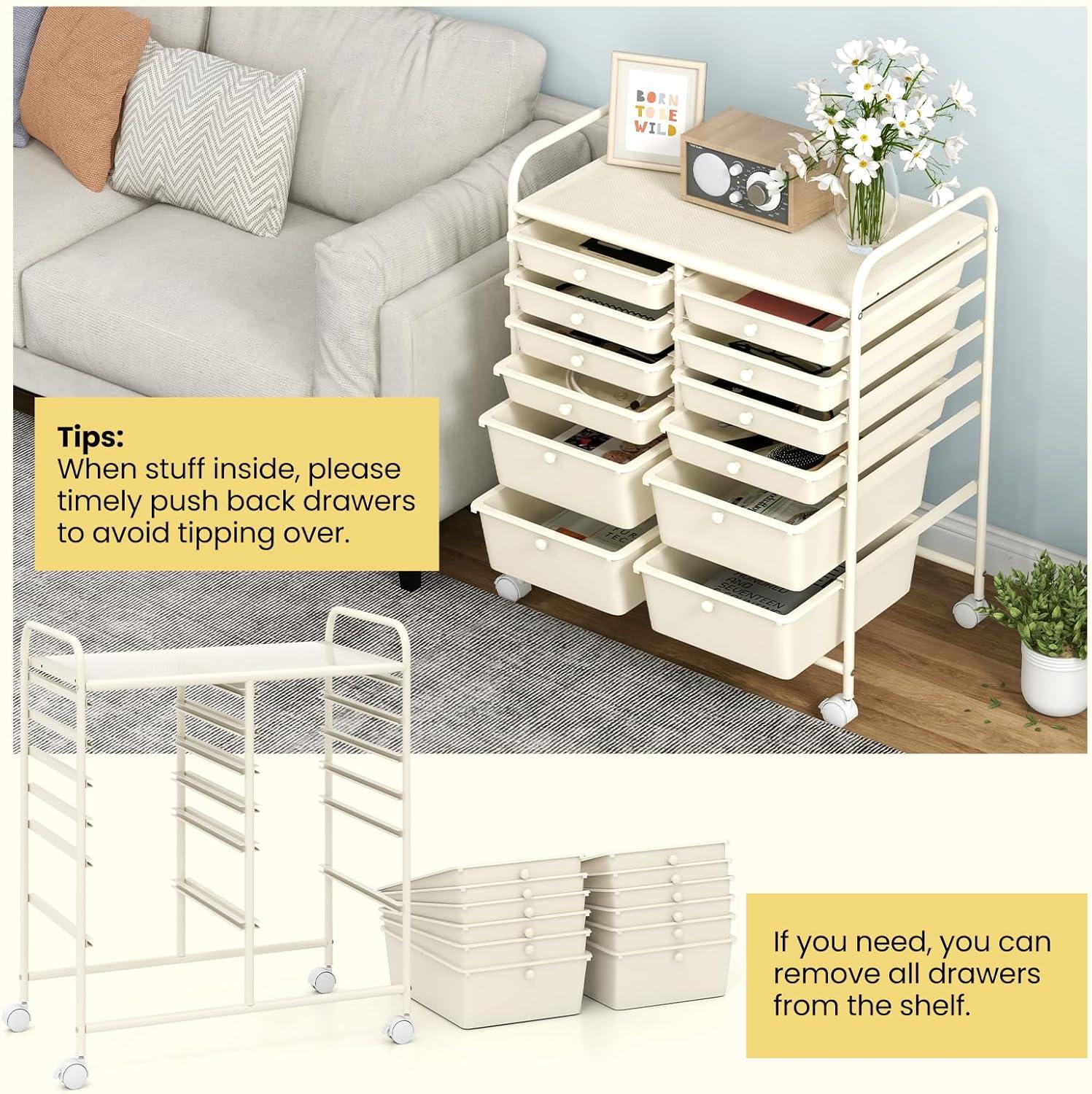 image:imageGiantex 6 Storage Drawer Cart Rolling Organizer Cart for Tools Scrapbook Paper Home Office School Multipurpose Mobile Utility Cart Beige amp YellowIvory