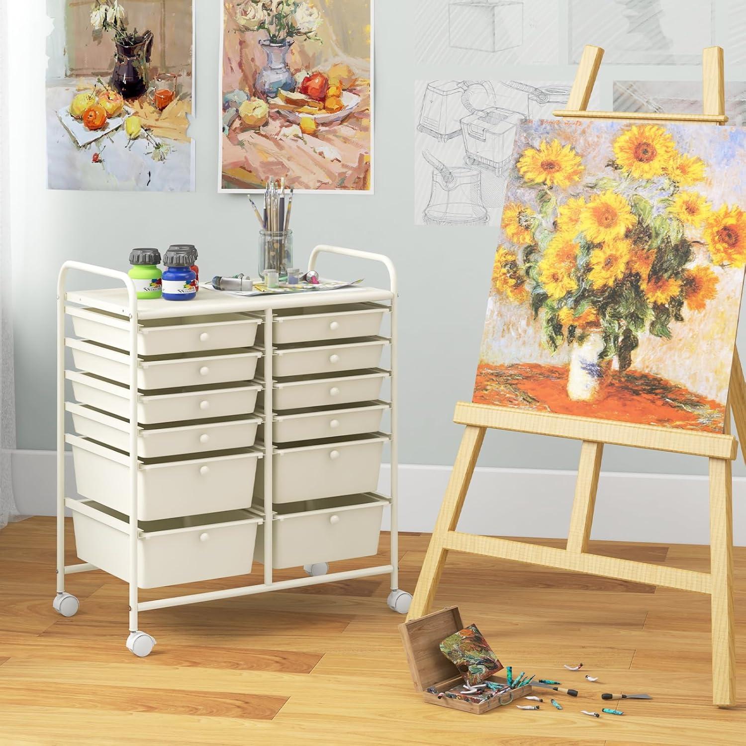 image:imageGiantex 6 Storage Drawer Cart Rolling Organizer Cart for Tools Scrapbook Paper Home Office School Multipurpose Mobile Utility Cart Beige amp YellowIvory