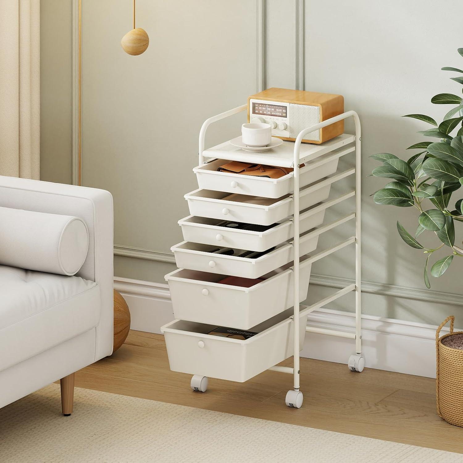 image:imageGiantex 6 Storage Drawer Cart Rolling Organizer Cart for Tools Scrapbook Paper Home Office School Multipurpose Mobile Utility Cart Beige amp YellowIvory