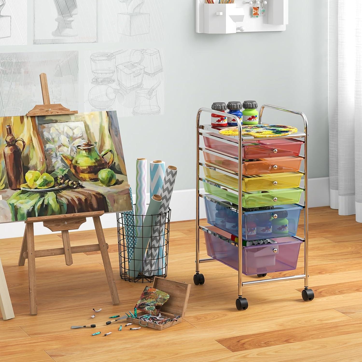 image:imageGiantex 6 Storage Drawer Cart Rolling Organizer Cart for Tools Scrapbook Paper Home Office School Multipurpose Mobile Utility Cart Beige amp YellowMulticolor