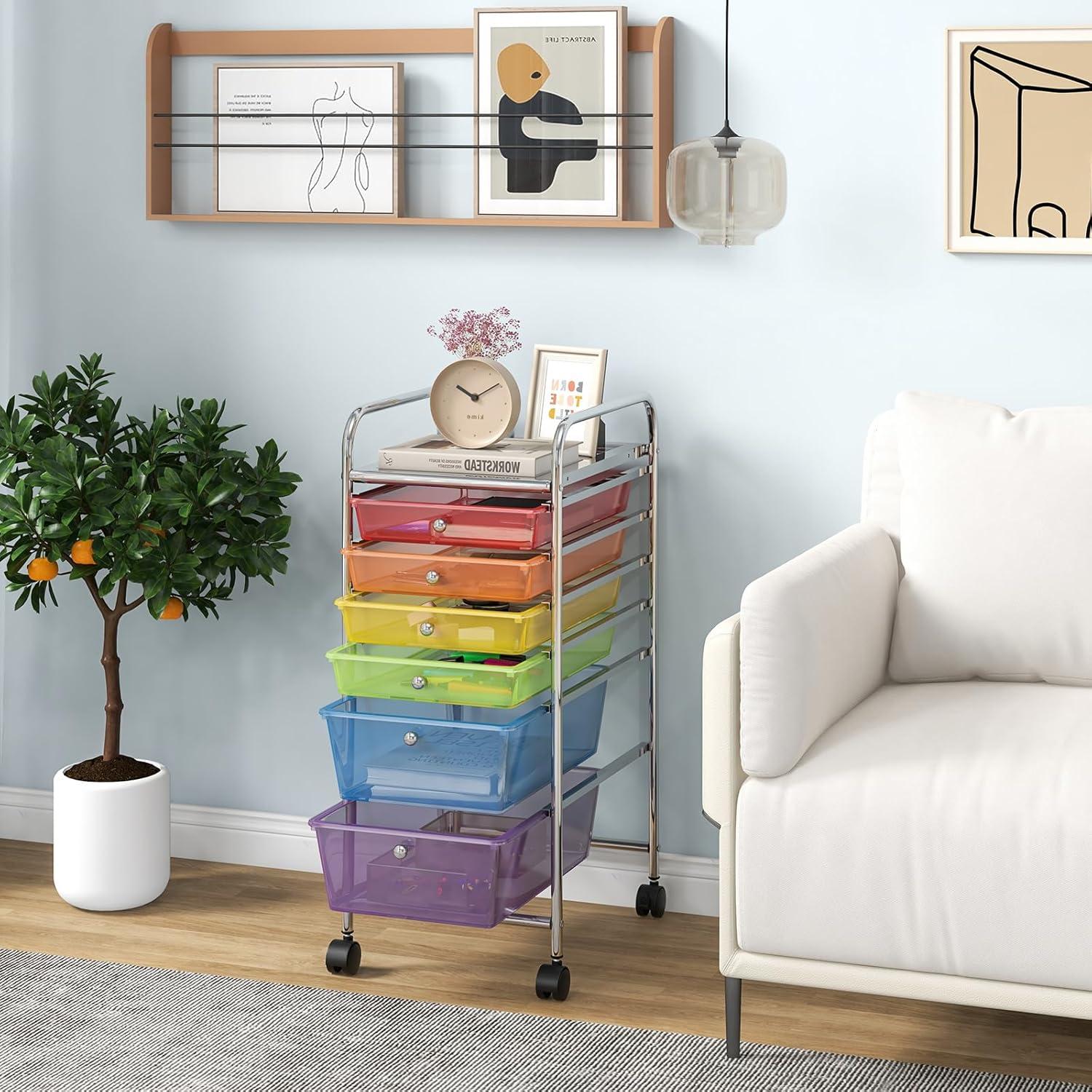 image:imageGiantex 6 Storage Drawer Cart Rolling Organizer Cart for Tools Scrapbook Paper Home Office School Multipurpose Mobile Utility Cart Beige amp YellowMulticolor