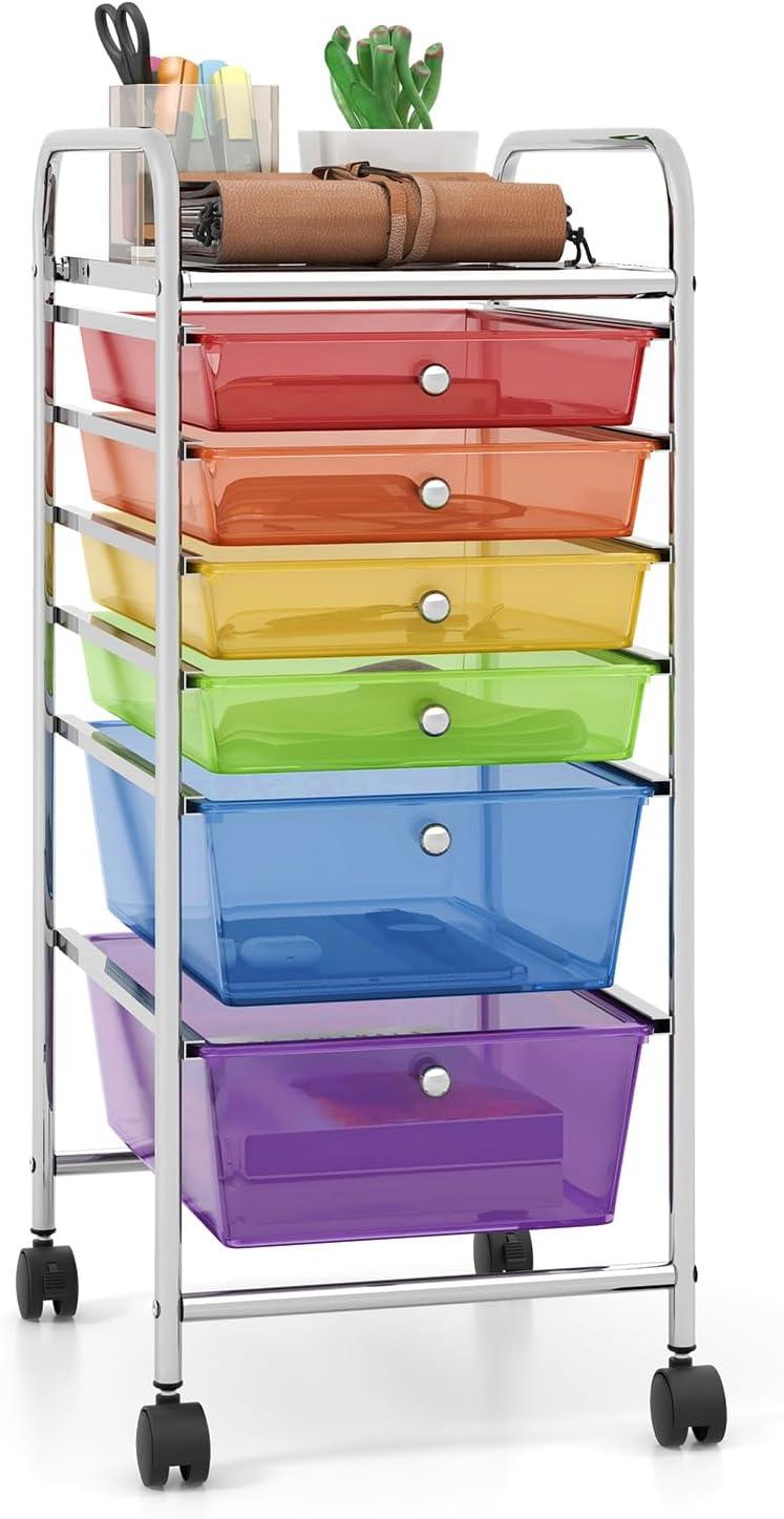 image:imageGiantex 6 Storage Drawer Cart Rolling Organizer Cart for Tools Scrapbook Paper Home Office School Multipurpose Mobile Utility Cart Beige amp YellowMulticolor
