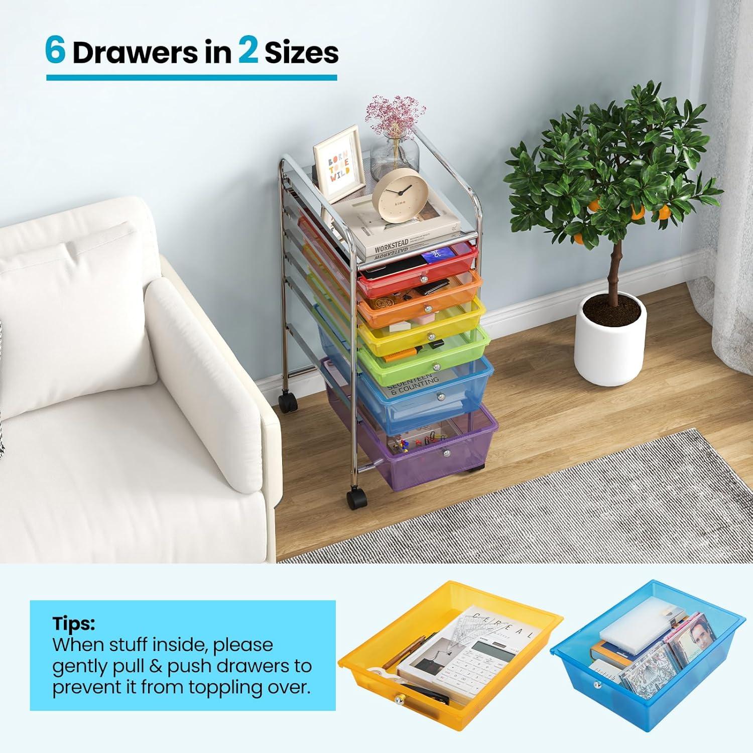 image:imageGiantex 6 Storage Drawer Cart Rolling Organizer Cart for Tools Scrapbook Paper Home Office School Multipurpose Mobile Utility Cart Beige amp YellowMulticolor