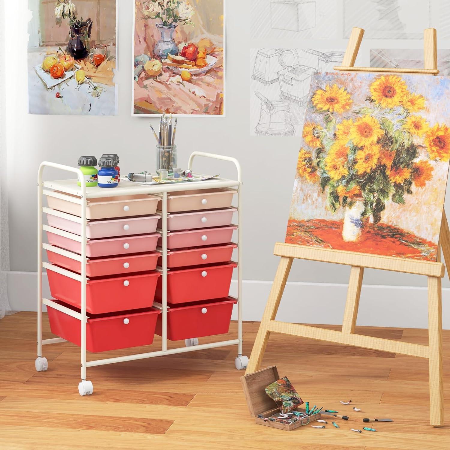 image:imageGiantex 6 Storage Drawer Cart Rolling Organizer Cart for Tools Scrapbook Paper Home Office School Multipurpose Mobile Utility Cart Beige amp YellowPink Gradient