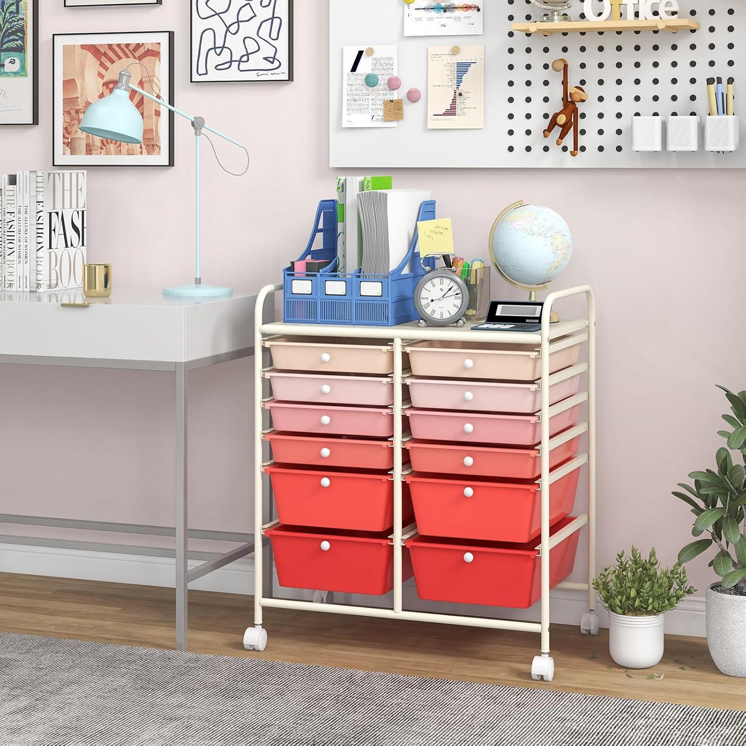 image:imageGiantex 6 Storage Drawer Cart Rolling Organizer Cart for Tools Scrapbook Paper Home Office School Multipurpose Mobile Utility Cart Beige amp YellowPink Gradient