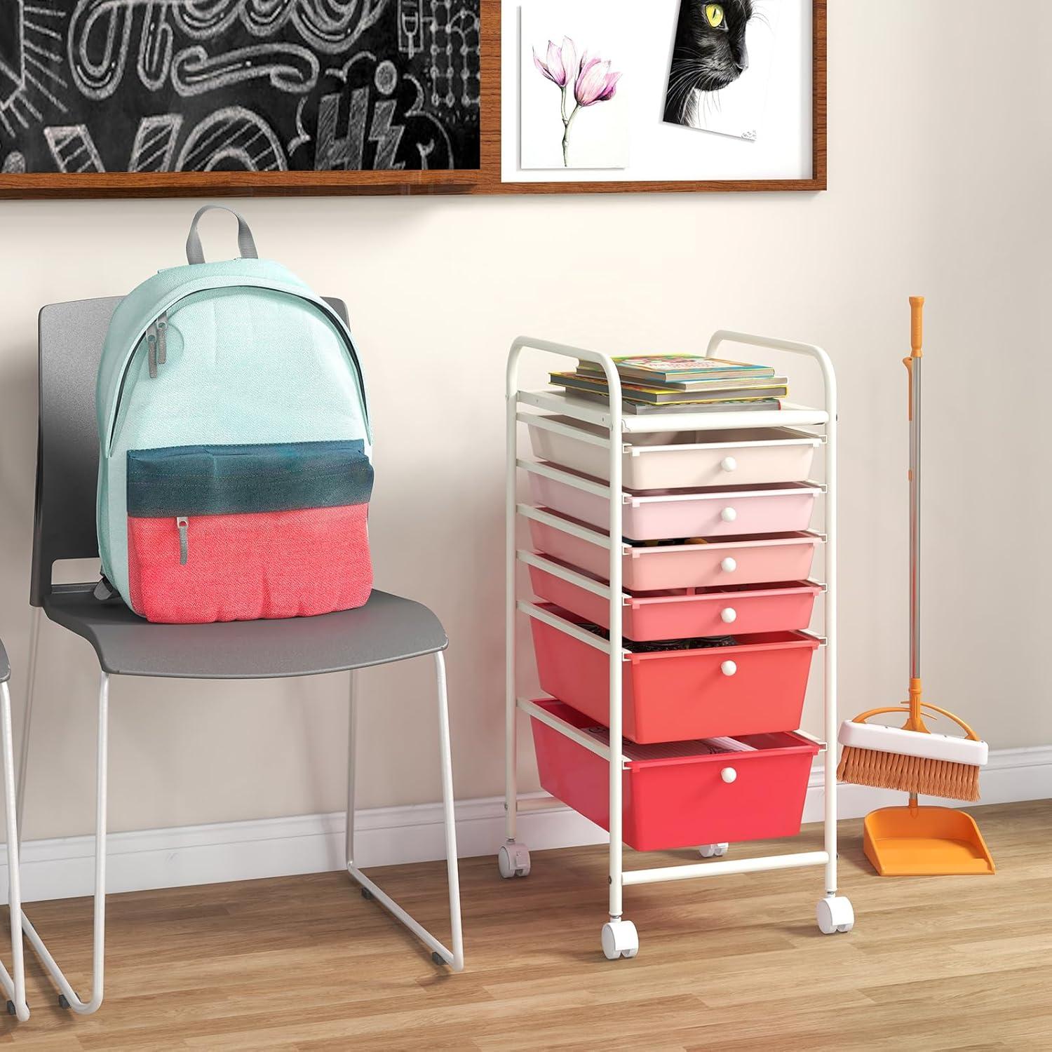 image:imageGiantex 6 Storage Drawer Cart Rolling Organizer Cart for Tools Scrapbook Paper Home Office School Multipurpose Mobile Utility Cart Beige amp YellowPink Gradient
