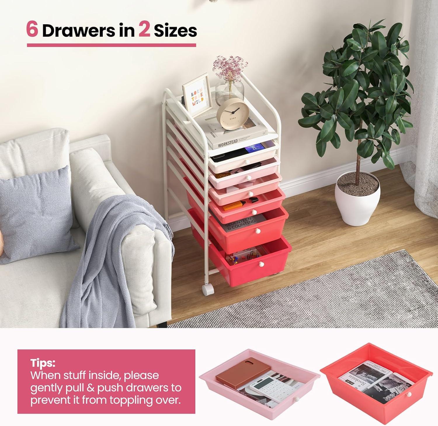 image:imageGiantex 6 Storage Drawer Cart Rolling Organizer Cart for Tools Scrapbook Paper Home Office School Multipurpose Mobile Utility Cart Beige amp YellowPink Gradient