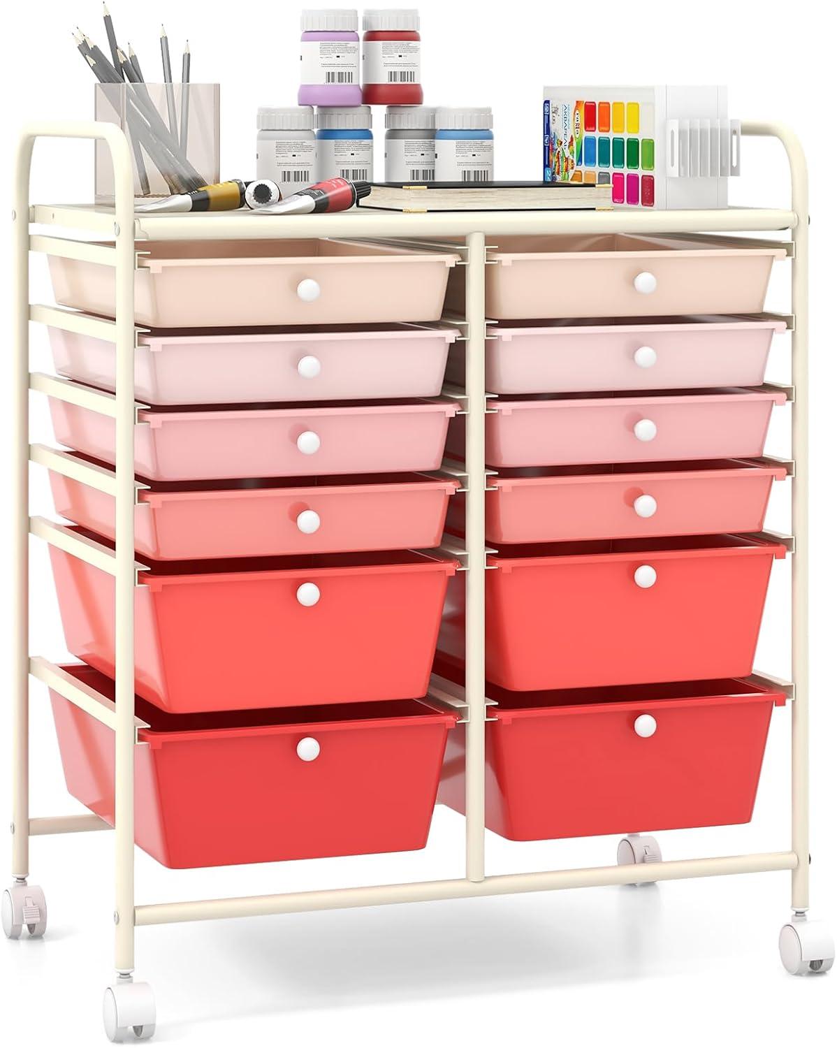 image:imageGiantex 6 Storage Drawer Cart Rolling Organizer Cart for Tools Scrapbook Paper Home Office School Multipurpose Mobile Utility Cart Beige amp YellowPink Gradient