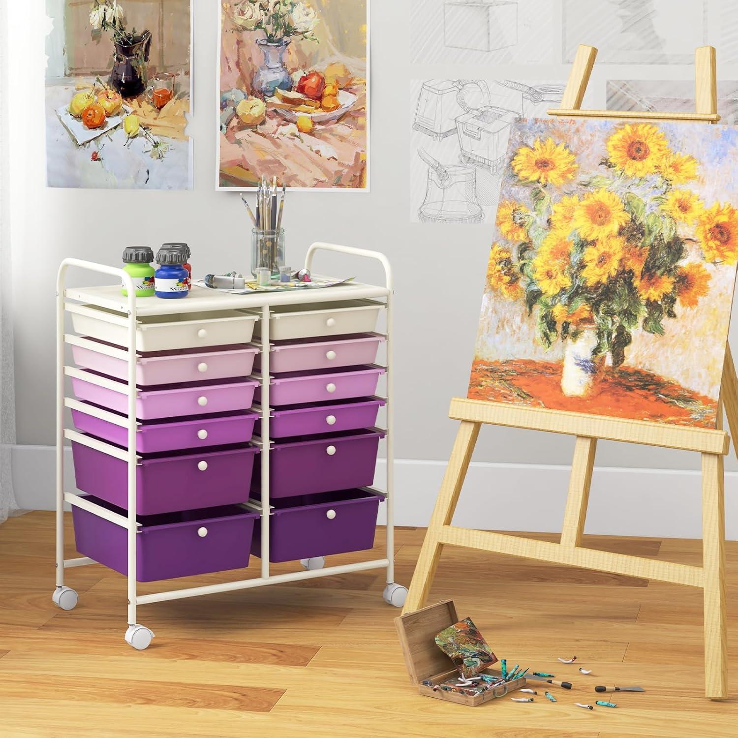 image:imageGiantex 6 Storage Drawer Cart Rolling Organizer Cart for Tools Scrapbook Paper Home Office School Multipurpose Mobile Utility Cart Beige amp YellowPurple Gradient