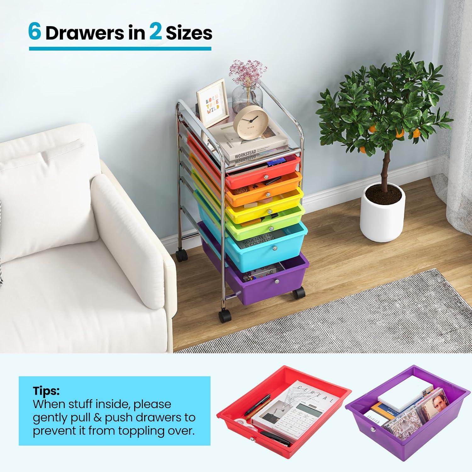 image:imageGiantex 6 Storage Drawer Cart Rolling Organizer Cart for Tools Scrapbook Paper Home Office School Multipurpose Mobile Utility Cart Beige amp YellowRedOrangeGreenTurquoisePurple