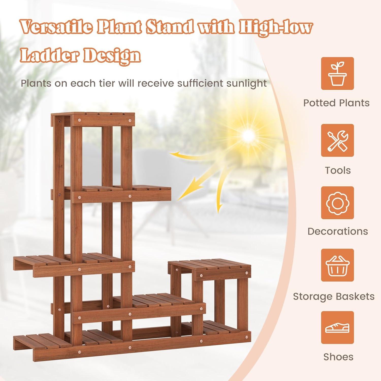 image:imageGiantex 6 Tier Wood Plant Stand Shorea Tiered Plant Shelf for Multiple Potted Plants with High Low Structure Indoor amp Outdoor Flower Rack Corner Display Shelf for Balcony Living Room Patio