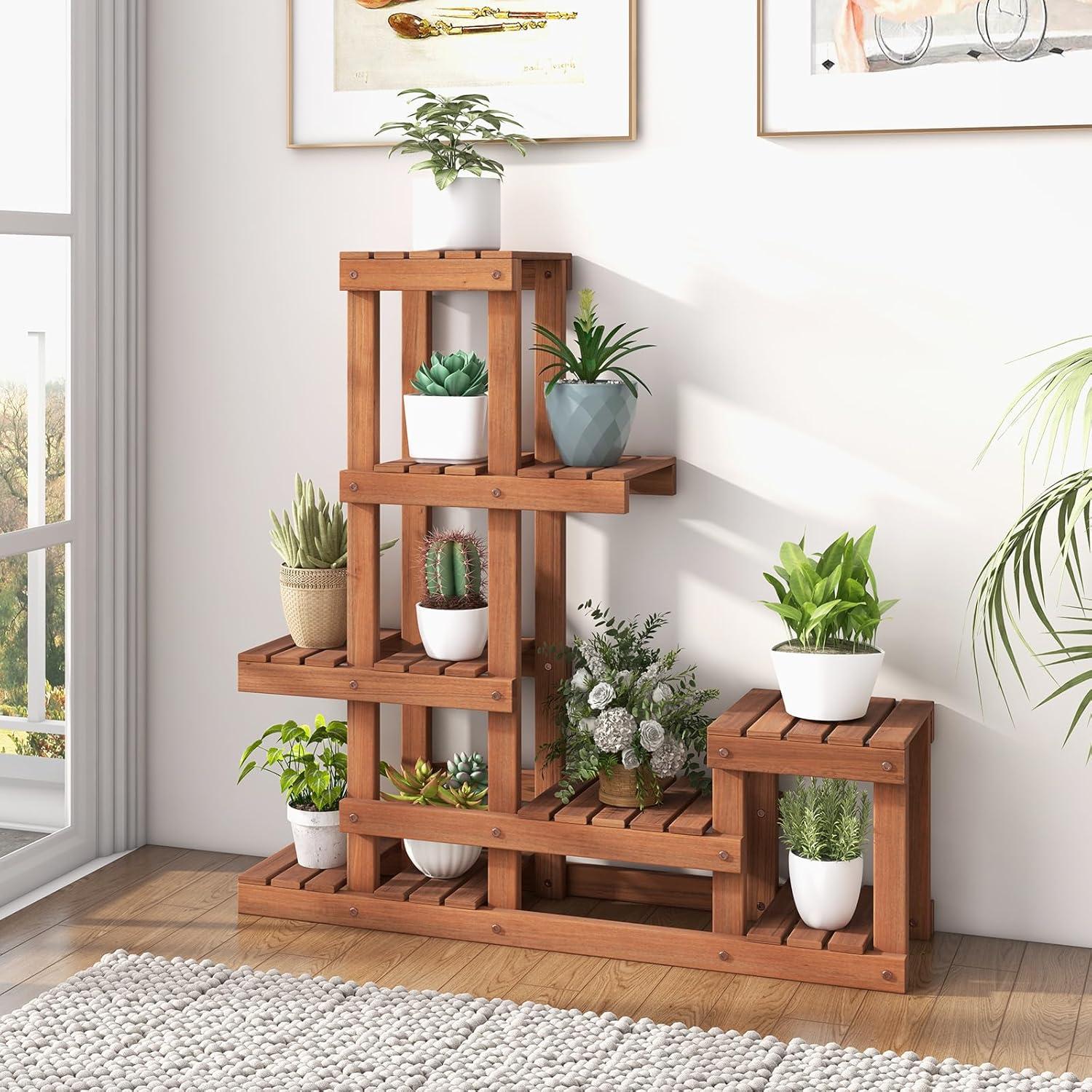 image:imageGiantex 6 Tier Wood Plant Stand Shorea Tiered Plant Shelf for Multiple Potted Plants with High Low Structure Indoor amp Outdoor Flower Rack Corner Display Shelf for Balcony Living Room Patio