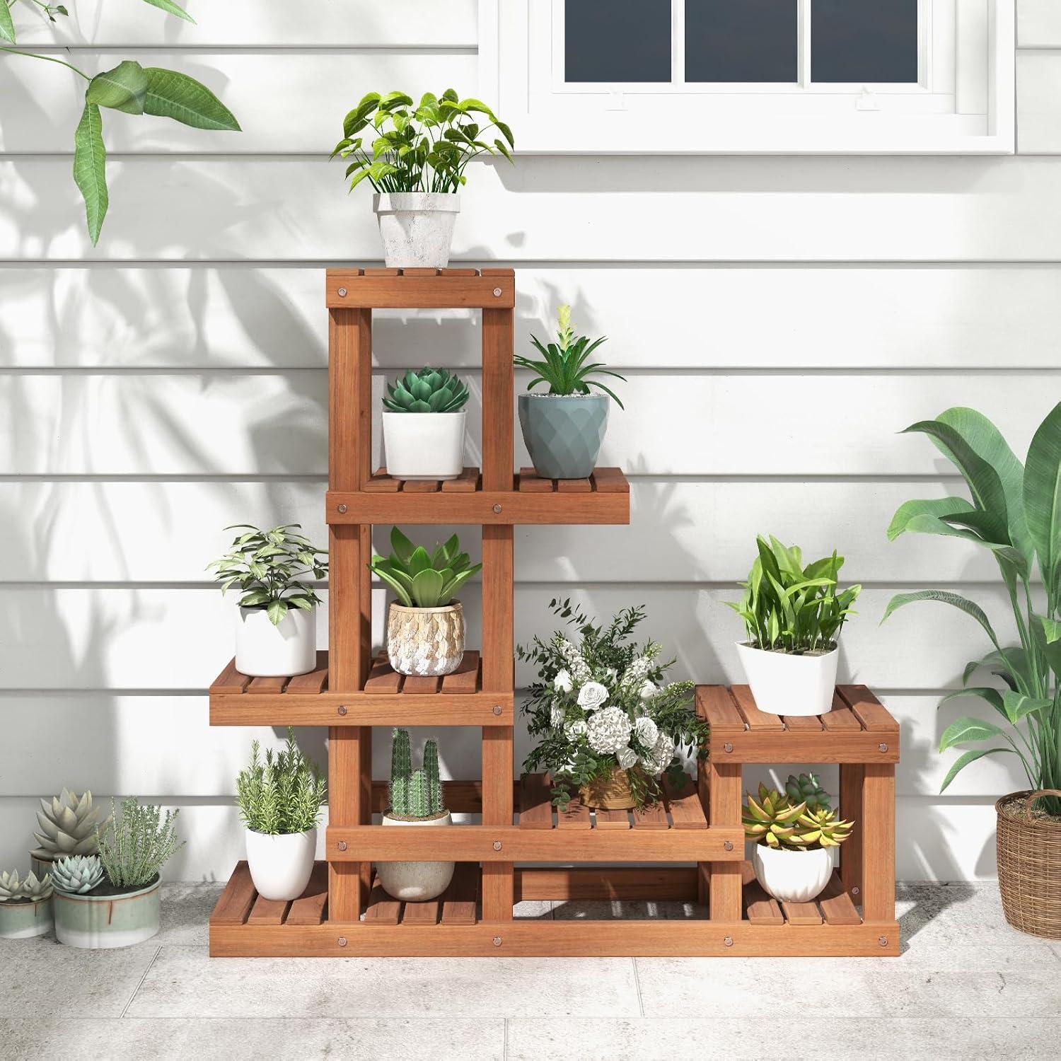 image:imageGiantex 6 Tier Wood Plant Stand Shorea Tiered Plant Shelf for Multiple Potted Plants with High Low Structure Indoor amp Outdoor Flower Rack Corner Display Shelf for Balcony Living Room Patio