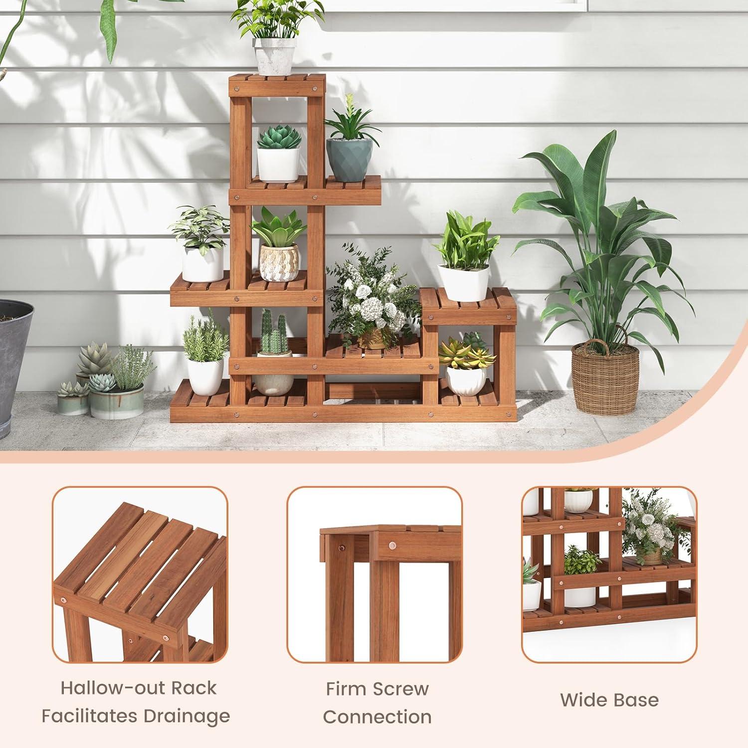 image:imageGiantex 6 Tier Wood Plant Stand Shorea Tiered Plant Shelf for Multiple Potted Plants with High Low Structure Indoor amp Outdoor Flower Rack Corner Display Shelf for Balcony Living Room Patio