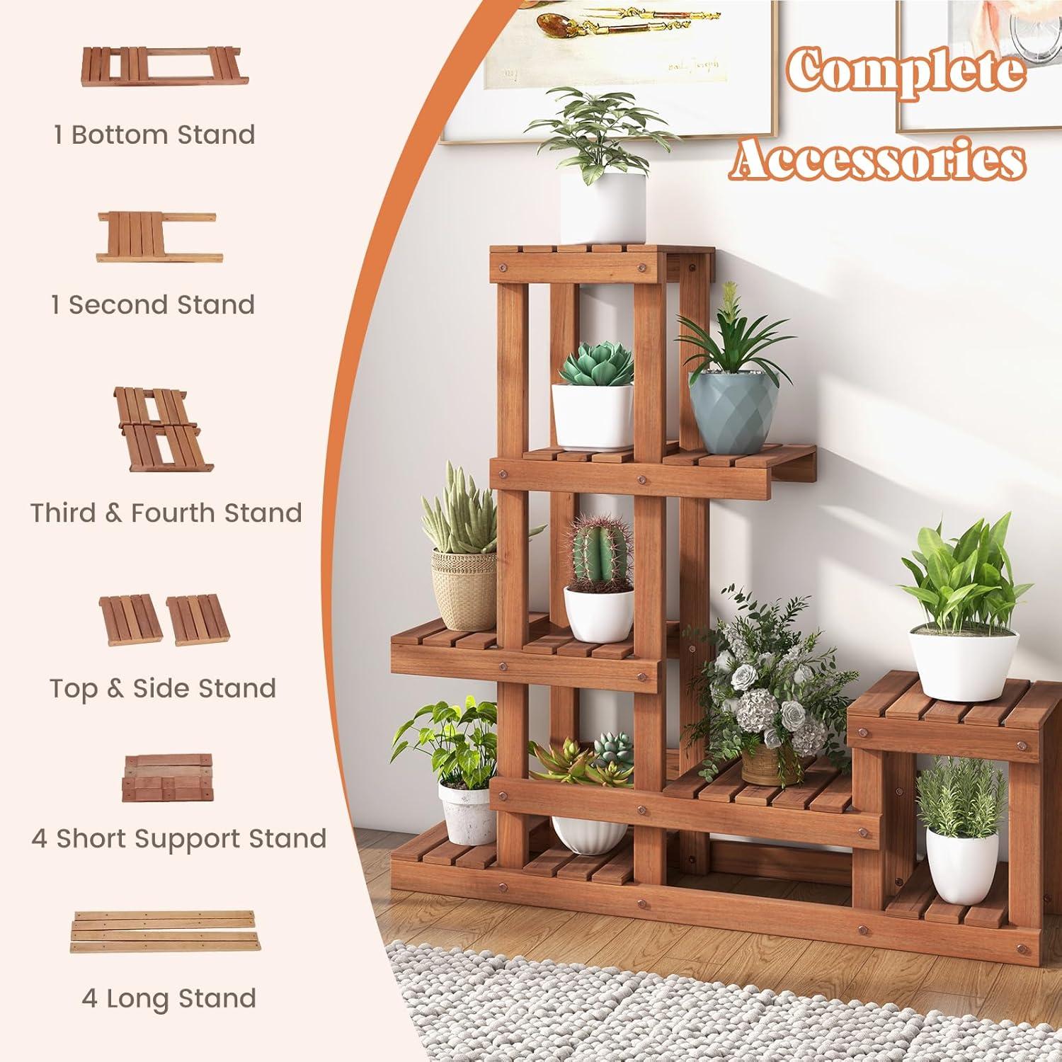 image:imageGiantex 6 Tier Wood Plant Stand Shorea Tiered Plant Shelf for Multiple Potted Plants with High Low Structure Indoor amp Outdoor Flower Rack Corner Display Shelf for Balcony Living Room Patio