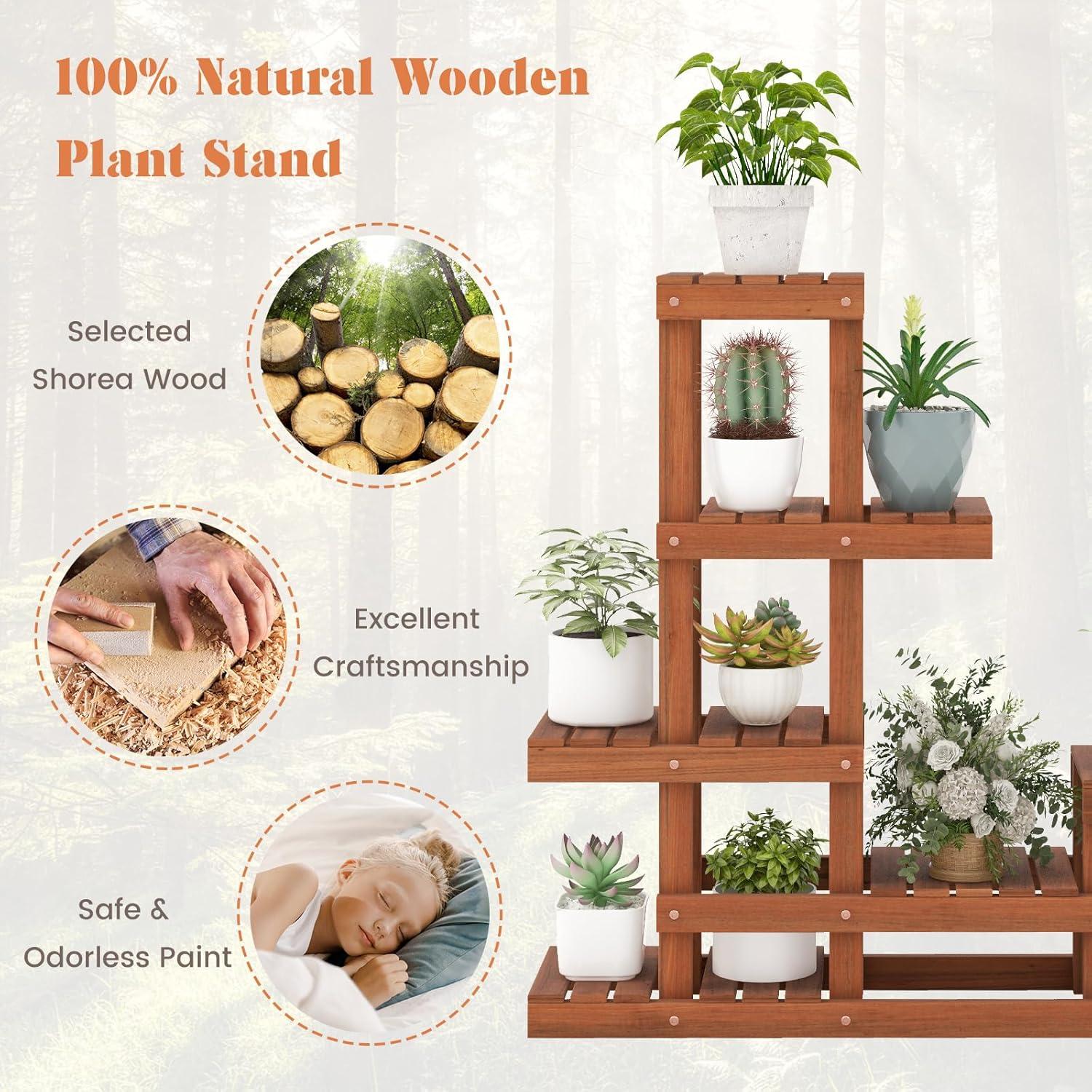 image:imageGiantex 6 Tier Wood Plant Stand Shorea Tiered Plant Shelf for Multiple Potted Plants with High Low Structure Indoor amp Outdoor Flower Rack Corner Display Shelf for Balcony Living Room Patio