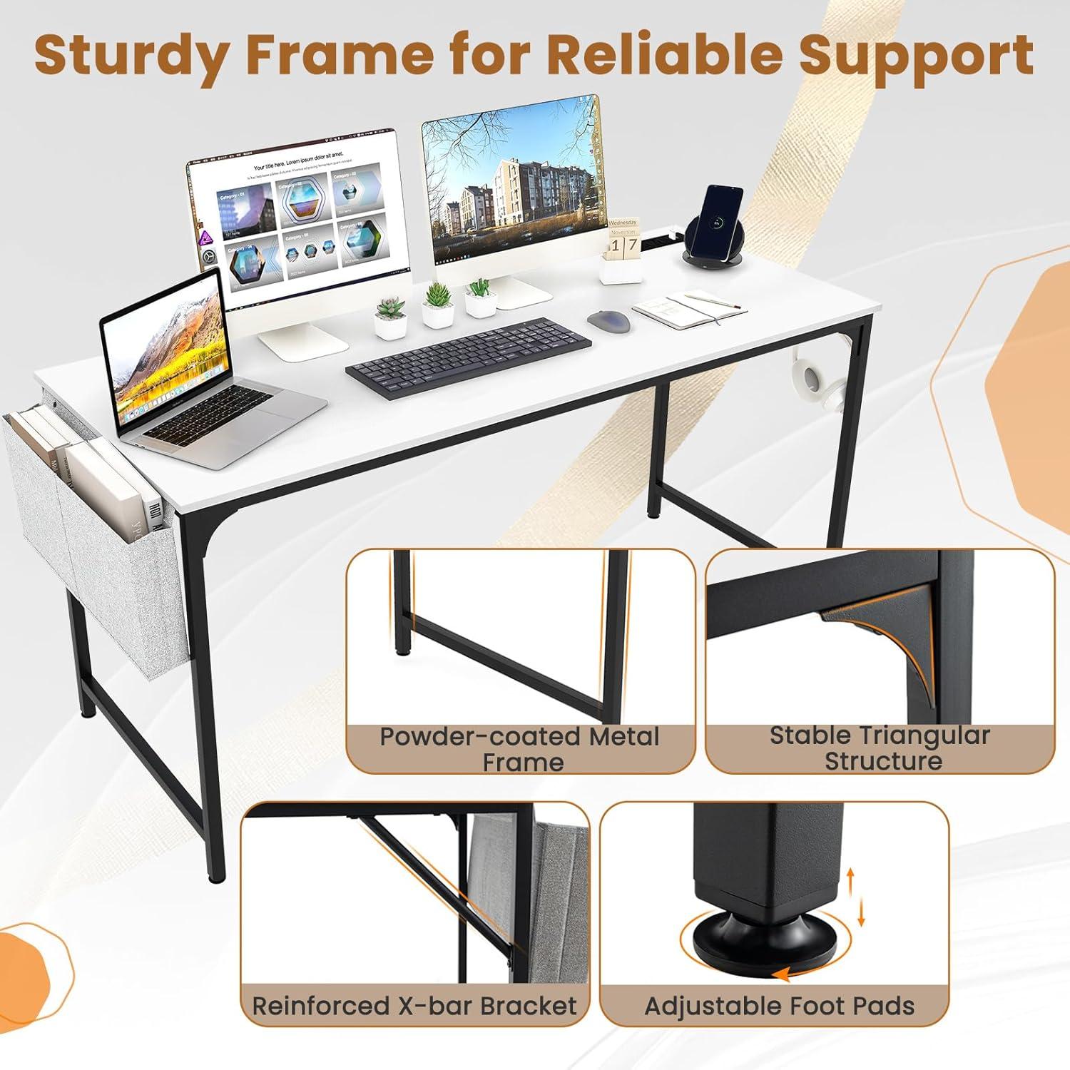 image:imageGiantex 60 Inch Computer Desk with Charging Station Home Office Writing Desk with Storage Bag amp Headphone Hook Large Gaming Table PC Workstation Modern Simple Laptop Desk for Bedroom StudyWhite