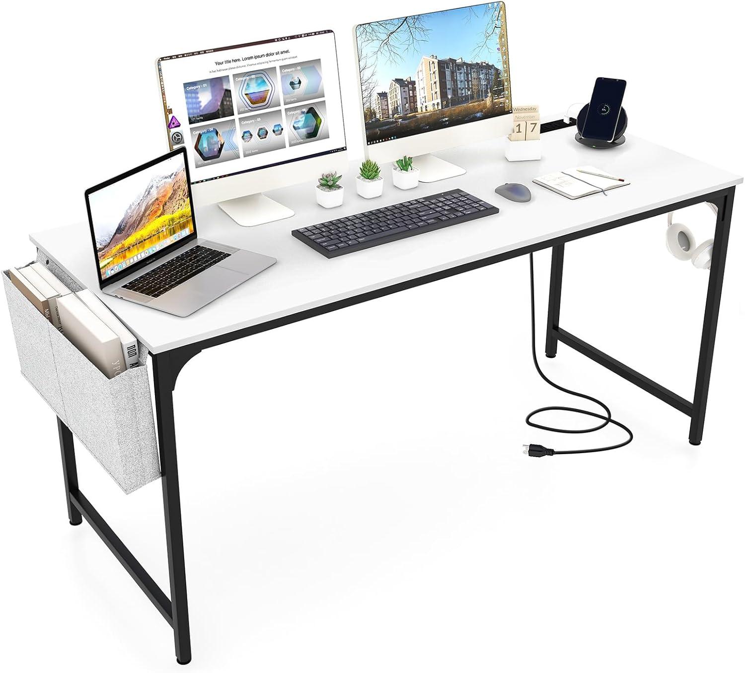 image:imageGiantex 60 Inch Computer Desk with Charging Station Home Office Writing Desk with Storage Bag amp Headphone Hook Large Gaming Table PC Workstation Modern Simple Laptop Desk for Bedroom StudyWhite
