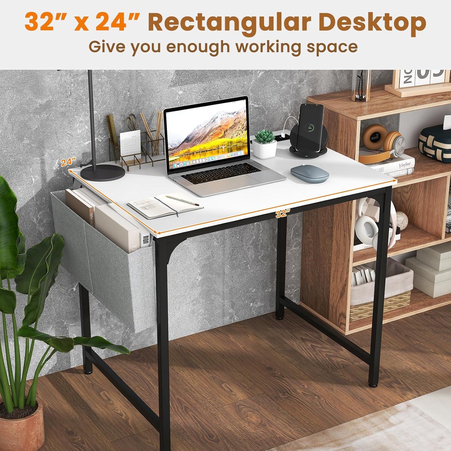 image:imageGiantex 60 Inch Computer Desk with Charging Station Home Office Writing Desk with Storage Bag amp Headphone Hook Large Gaming Table PC Workstation Modern Simple Laptop Desk for Bedroom StudyWhite