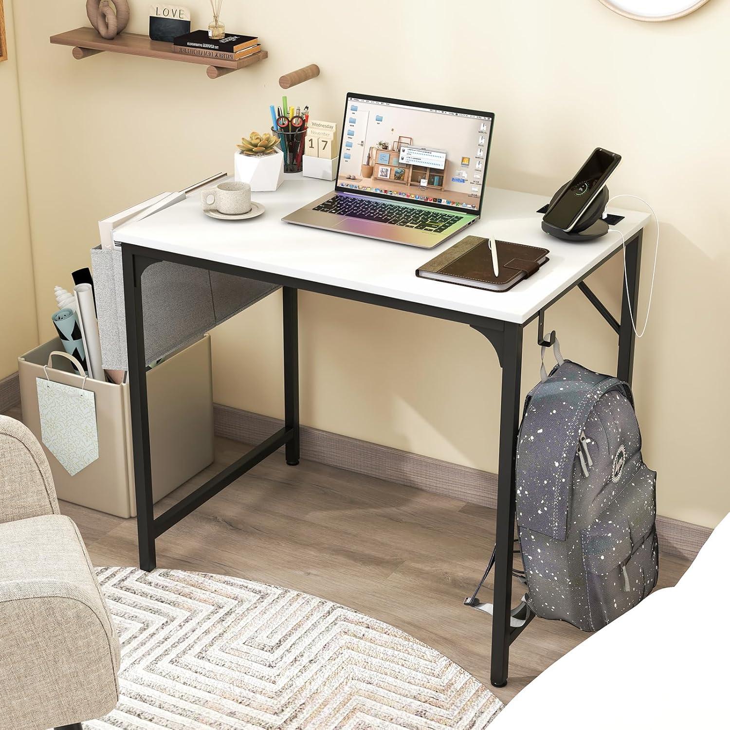 image:imageGiantex 60 Inch Computer Desk with Charging Station Home Office Writing Desk with Storage Bag amp Headphone Hook Large Gaming Table PC Workstation Modern Simple Laptop Desk for Bedroom StudyWhite