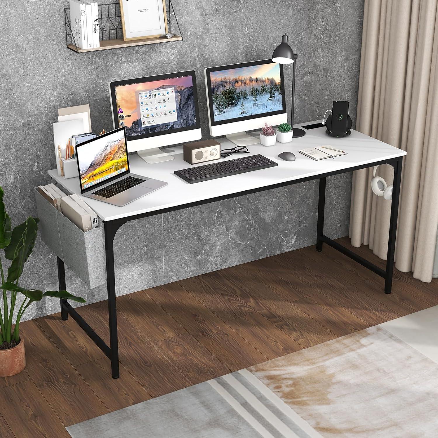 image:imageGiantex 60 Inch Computer Desk with Charging Station Home Office Writing Desk with Storage Bag amp Headphone Hook Large Gaming Table PC Workstation Modern Simple Laptop Desk for Bedroom StudyWhite