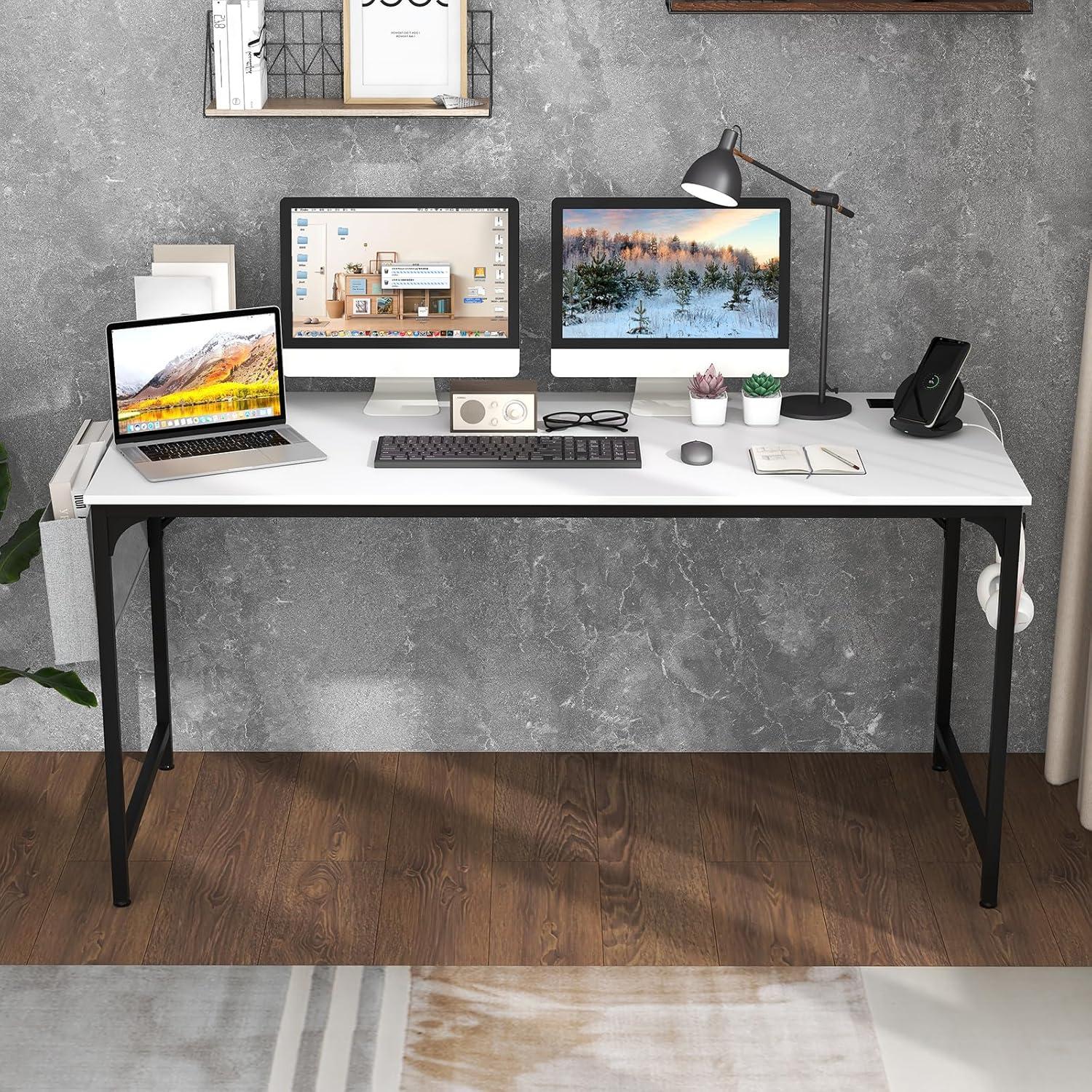 image:imageGiantex 60 Inch Computer Desk with Charging Station Home Office Writing Desk with Storage Bag amp Headphone Hook Large Gaming Table PC Workstation Modern Simple Laptop Desk for Bedroom StudyWhite