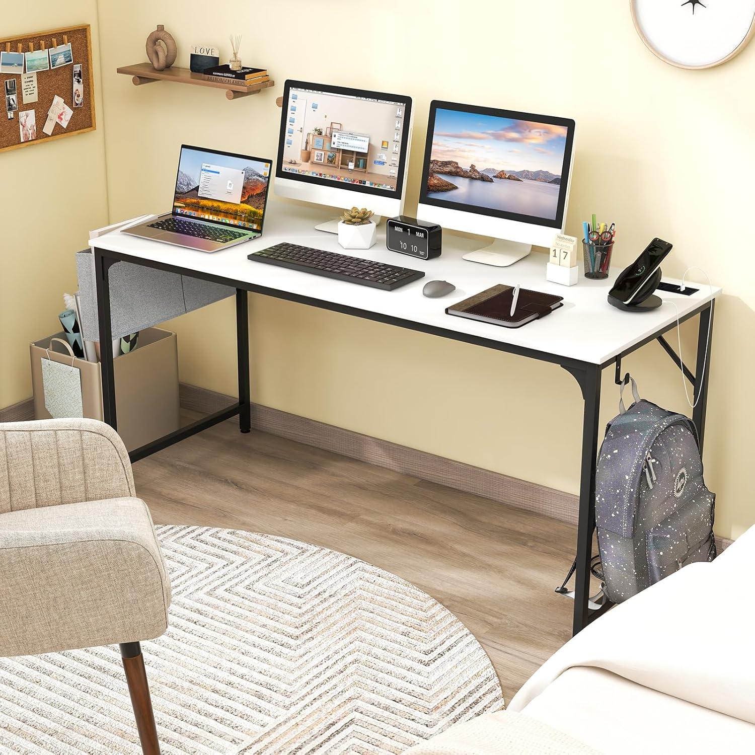 image:imageGiantex 60 Inch Computer Desk with Charging Station Home Office Writing Desk with Storage Bag amp Headphone Hook Large Gaming Table PC Workstation Modern Simple Laptop Desk for Bedroom StudyWhite