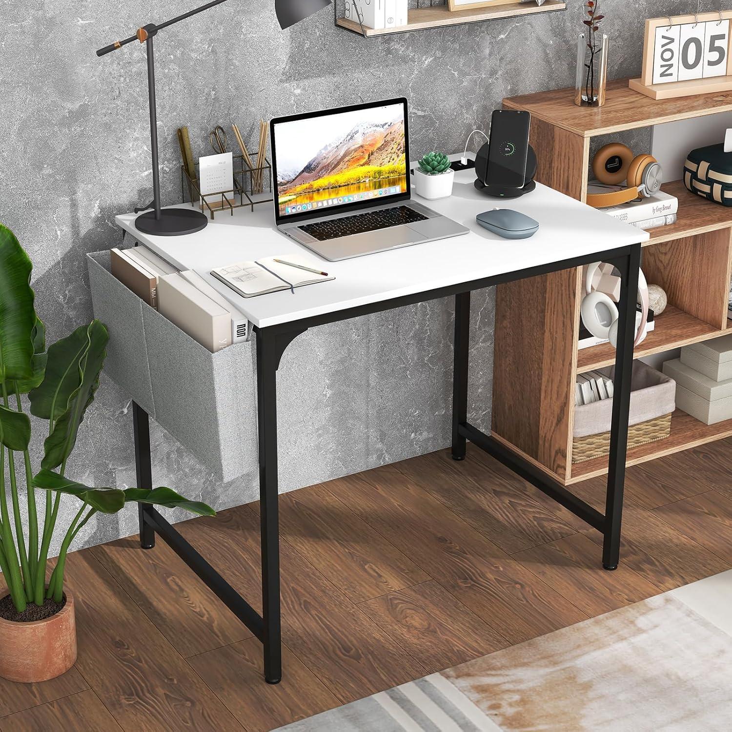 image:imageGiantex 60 Inch Computer Desk with Charging Station Home Office Writing Desk with Storage Bag amp Headphone Hook Large Gaming Table PC Workstation Modern Simple Laptop Desk for Bedroom StudyWhite