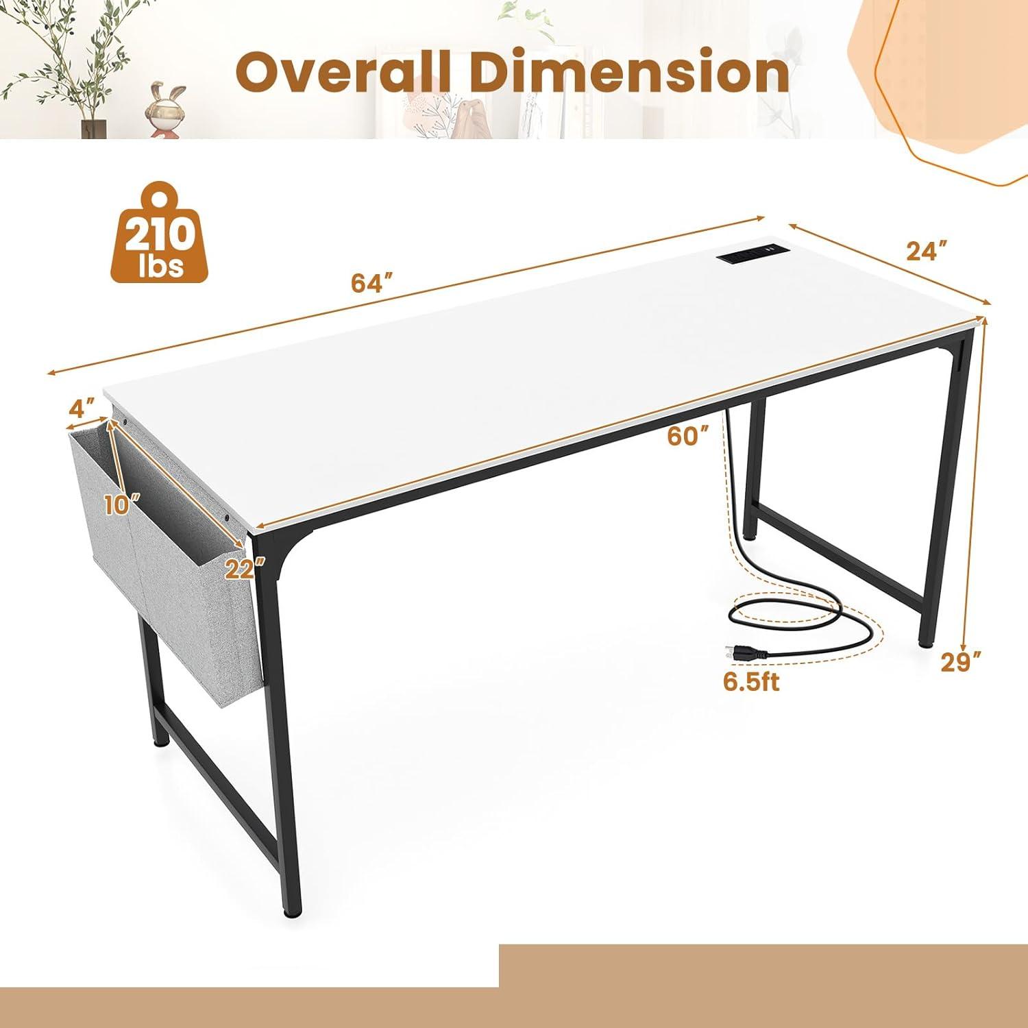 image:imageGiantex 60 Inch Computer Desk with Charging Station Home Office Writing Desk with Storage Bag amp Headphone Hook Large Gaming Table PC Workstation Modern Simple Laptop Desk for Bedroom StudyWhite