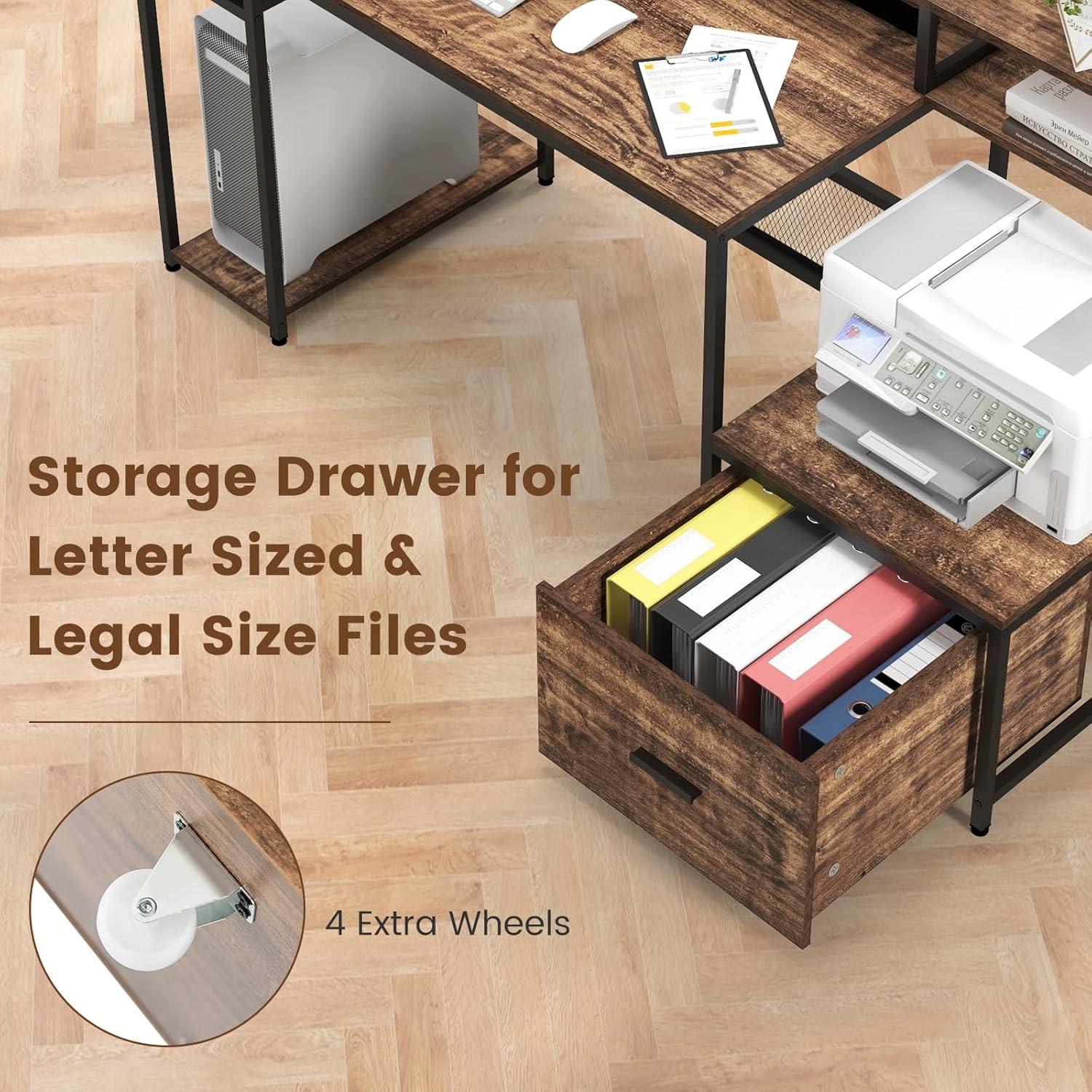 image:imageGiantex 67 Computer Desk with File Drawers Cabinet Home Office Desk with Monitor Stand Industrial Study Writing Gaming Desk with Power Outlets Large PC Work Table Workstation with Printer Space