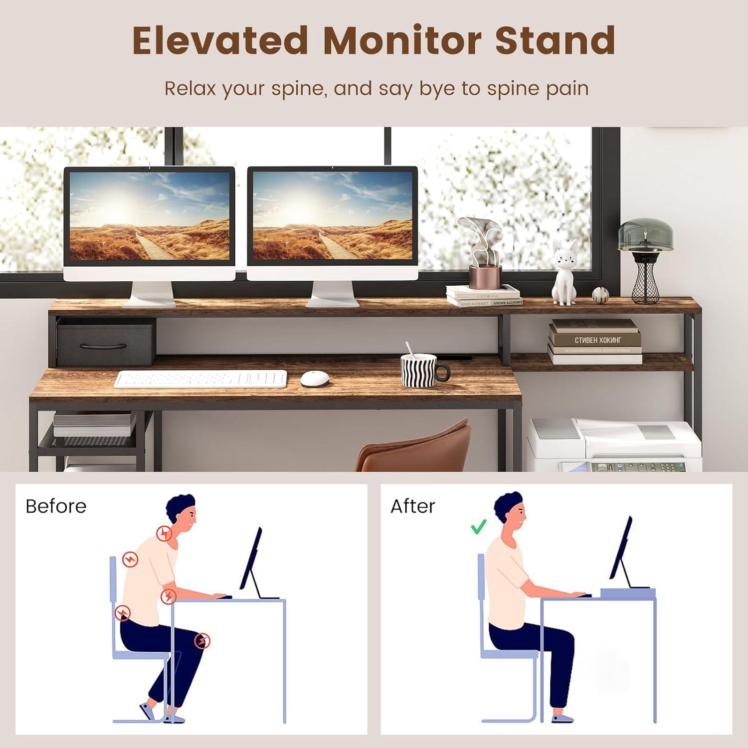 image:imageGiantex 67 Computer Desk with File Drawers Cabinet Home Office Desk with Monitor Stand Industrial Study Writing Gaming Desk with Power Outlets Large PC Work Table Workstation with Printer Space