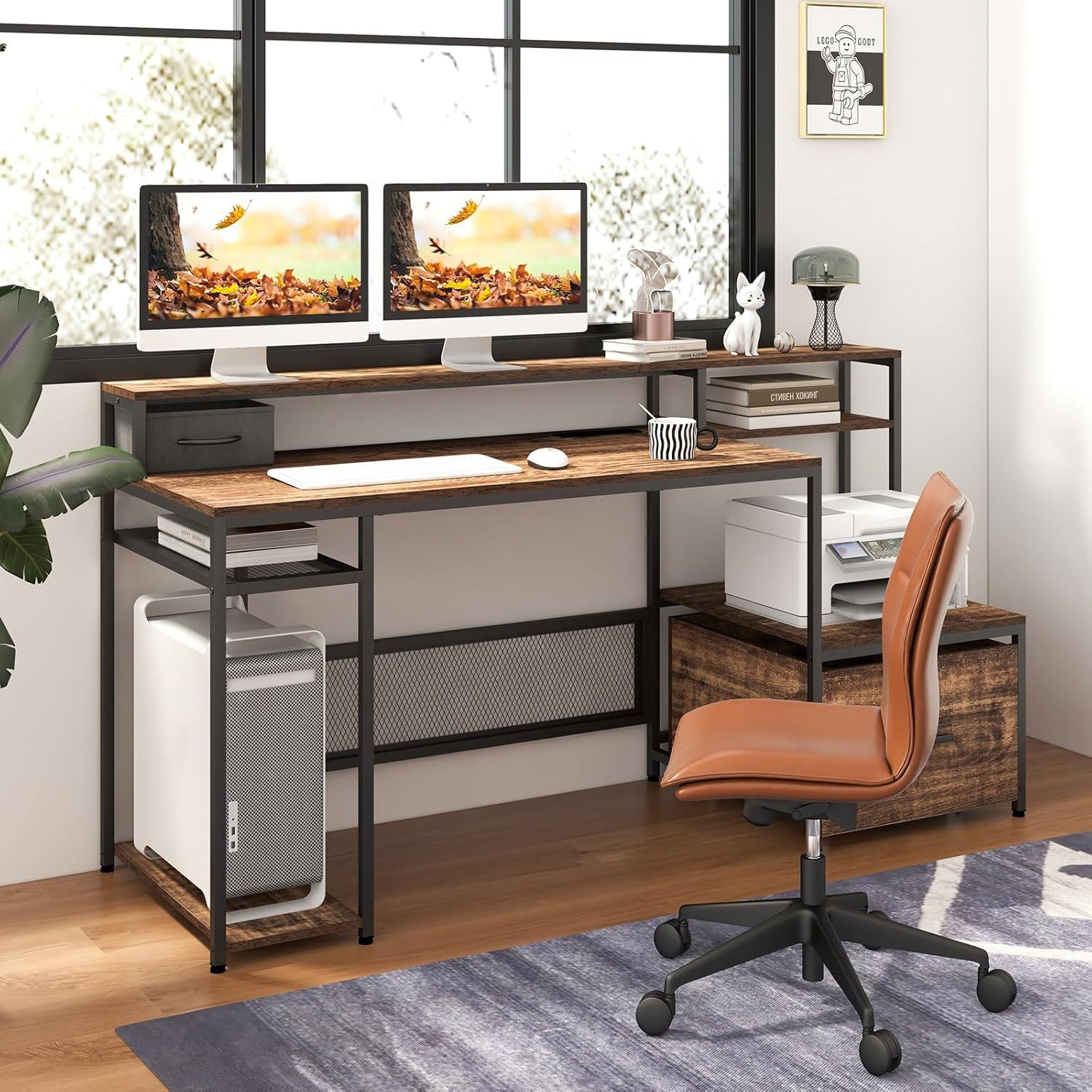 image:imageGiantex 67 Computer Desk with File Drawers Cabinet Home Office Desk with Monitor Stand Industrial Study Writing Gaming Desk with Power Outlets Large PC Work Table Workstation with Printer Space