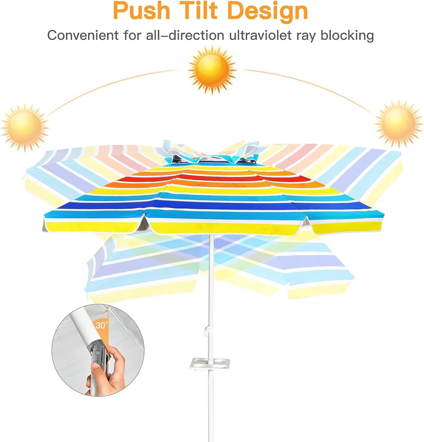image:imageGiantex 72 Ft Beach Umbrella Patio Sunshade Umbrella with Sand Anchor amp Cupholder Solid Steel Pole Carrying Bag Portable Sun Shelter Suitable for Seaside Backyard Poolside Market EntranceRainbow