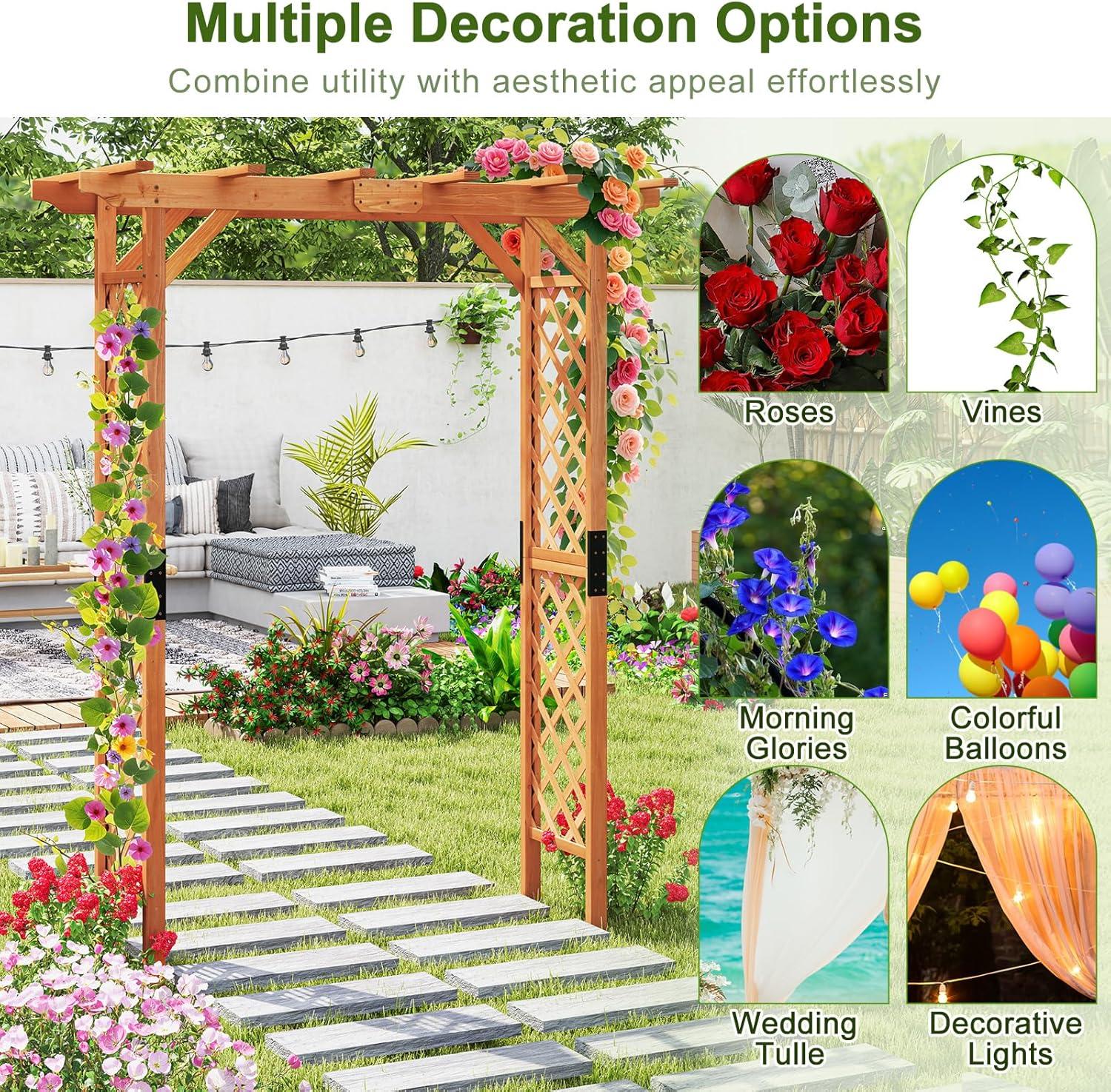 image:imageGiantex 7FT Wood Garden Arbor Trellis Wedding Arch for Outdoor Patio Birthday Bridal Party Prom Decoration Garden Trellis Pergola Arbor for Climbing Plant Rose VinesWalnut Brown