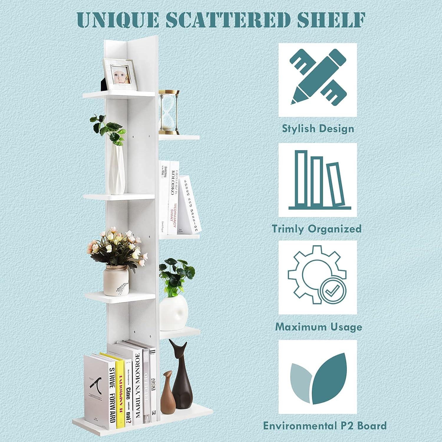 image:imageGiantex 7Tier Bookshelf Multipurpose Storage Shelf SpaceSaving Bookcase Wood Display Shelf Stand for Books Photos Artwork Pot Plant Storage Holder Rack w 8 Open WellArranged Shelves WhiteWhite