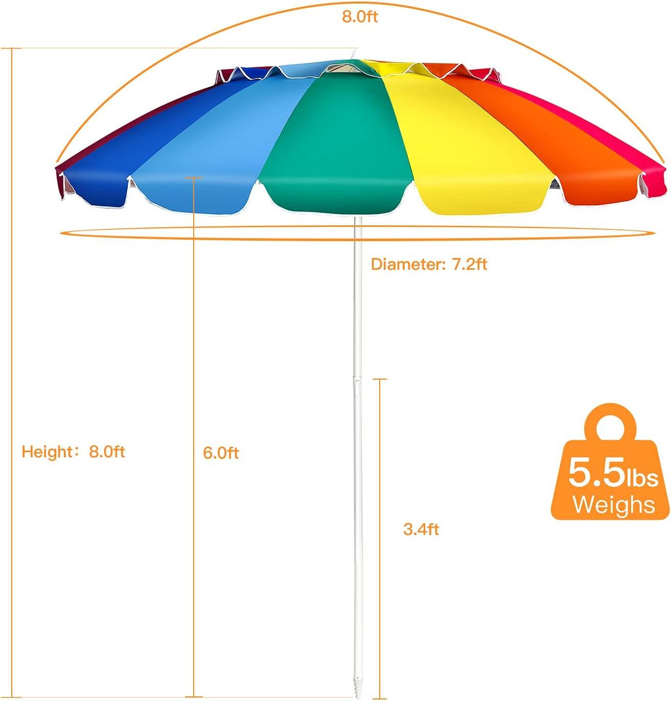 image:imageGiantex 8 Ft Beach Umbrella Patio Sunshade Umbrella with Sand Anchor amp Tilt Mechanism 16 Fiberglass Ribs AirVent Design Portable Sun Shelter Suitable for Seaside Backyard Poolside Market EntranceRainbow