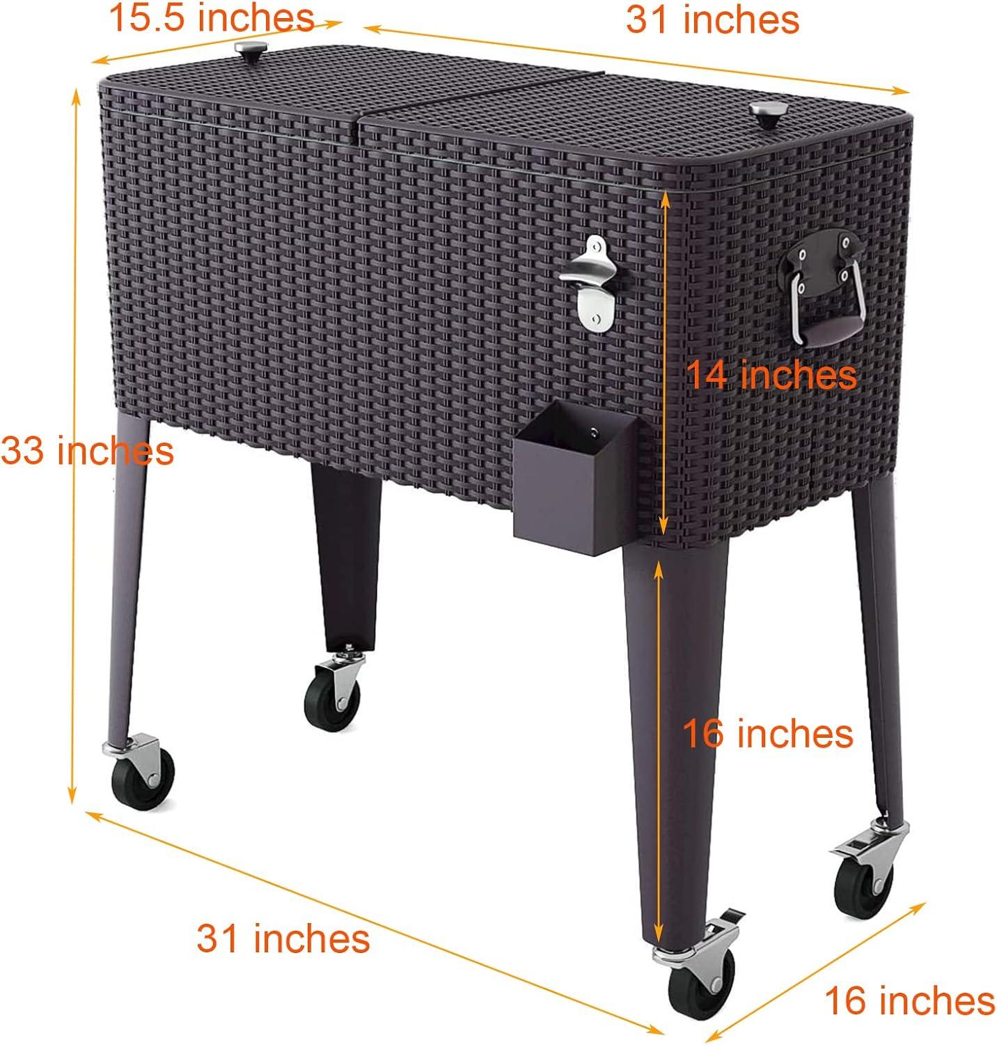image:imageGiantex 80 Quart Rattan Rolling Cooler Cart Outdoor Patio Portable Party Drink Beverage Bar Cold Beach Chest Cart on Wheels Brown Wicker 327L X189W X433H