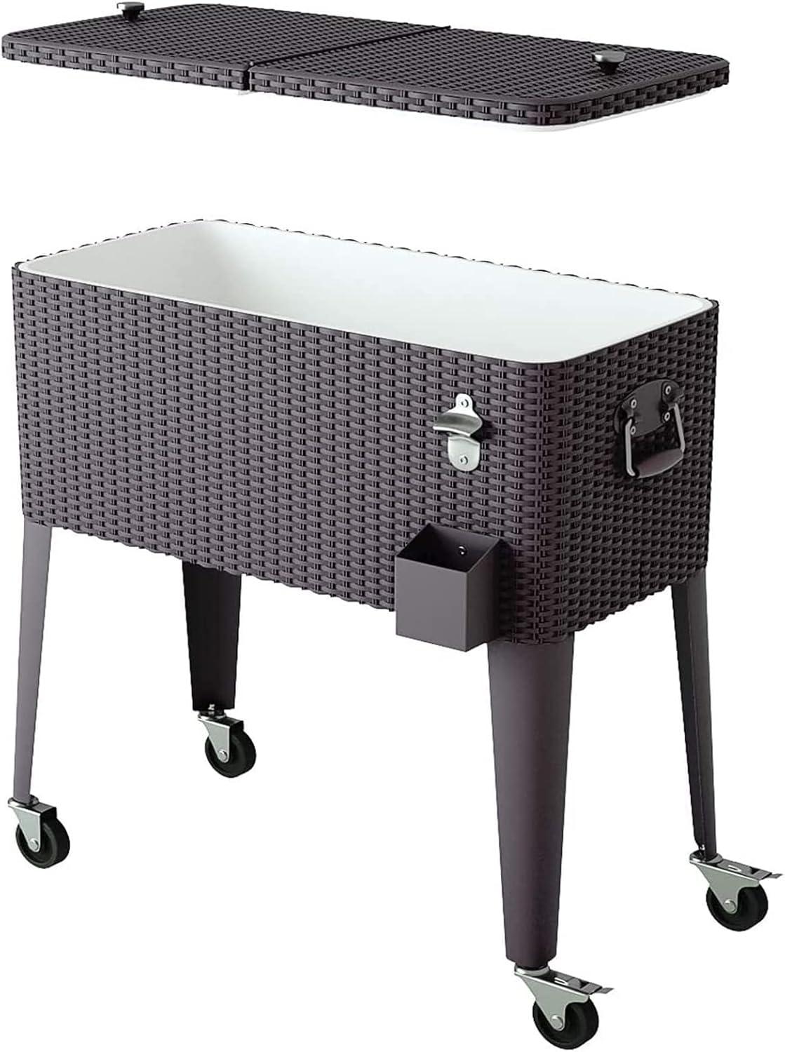 image:imageGiantex 80 Quart Rattan Rolling Cooler Cart Outdoor Patio Portable Party Drink Beverage Bar Cold Beach Chest Cart on Wheels Brown Wicker 327L X189W X433H
