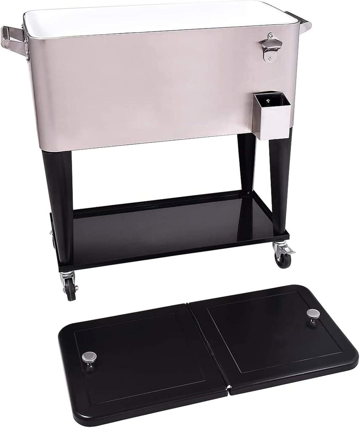 image:imageGiantex 80 Quart Rolling Patio Cooler Cart with Bottom Storage Shelf amp Drain Outdoor Ice Chest with Lockable Wheels Bottle Opener amp Cap Catcher for Party Poolside Backyard BBQSilver Black