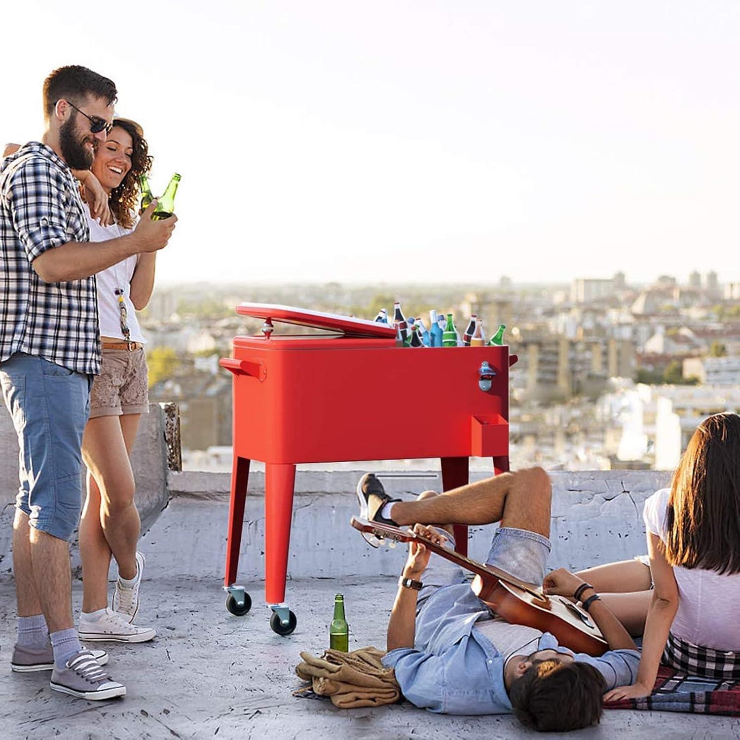 image:imageGiantex 80 Quart Rolling Patio Cooler Cart with Bottom Storage Shelf amp Drain Outdoor Ice Chest with Lockable Wheels Bottle Opener amp Cap Catcher for Party Poolside Backyard BBQRed