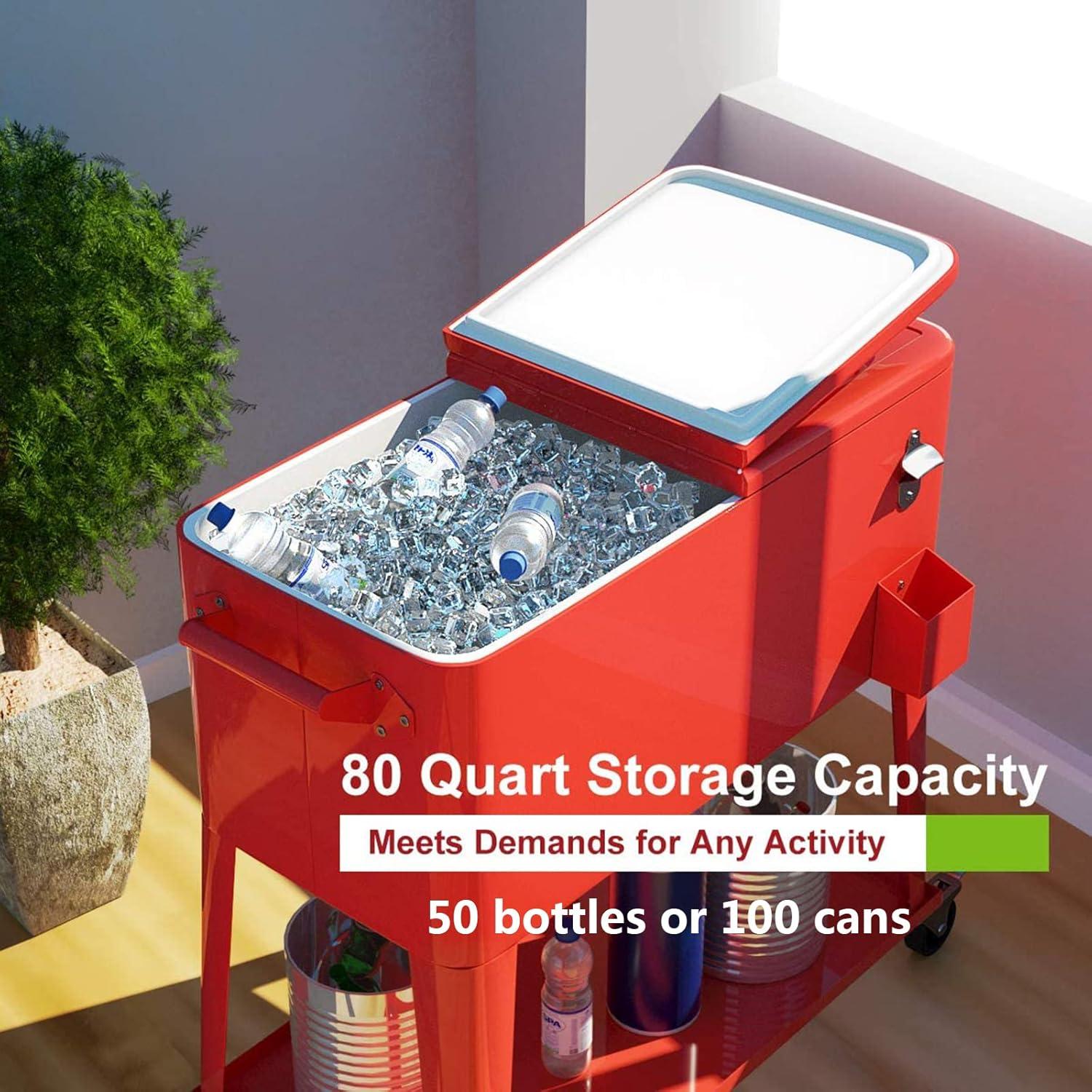 image:imageGiantex 80 Quart Rolling Patio Cooler Cart with Bottom Storage Shelf amp Drain Outdoor Ice Chest with Lockable Wheels Bottle Opener amp Cap Catcher for Party Poolside Backyard BBQRed