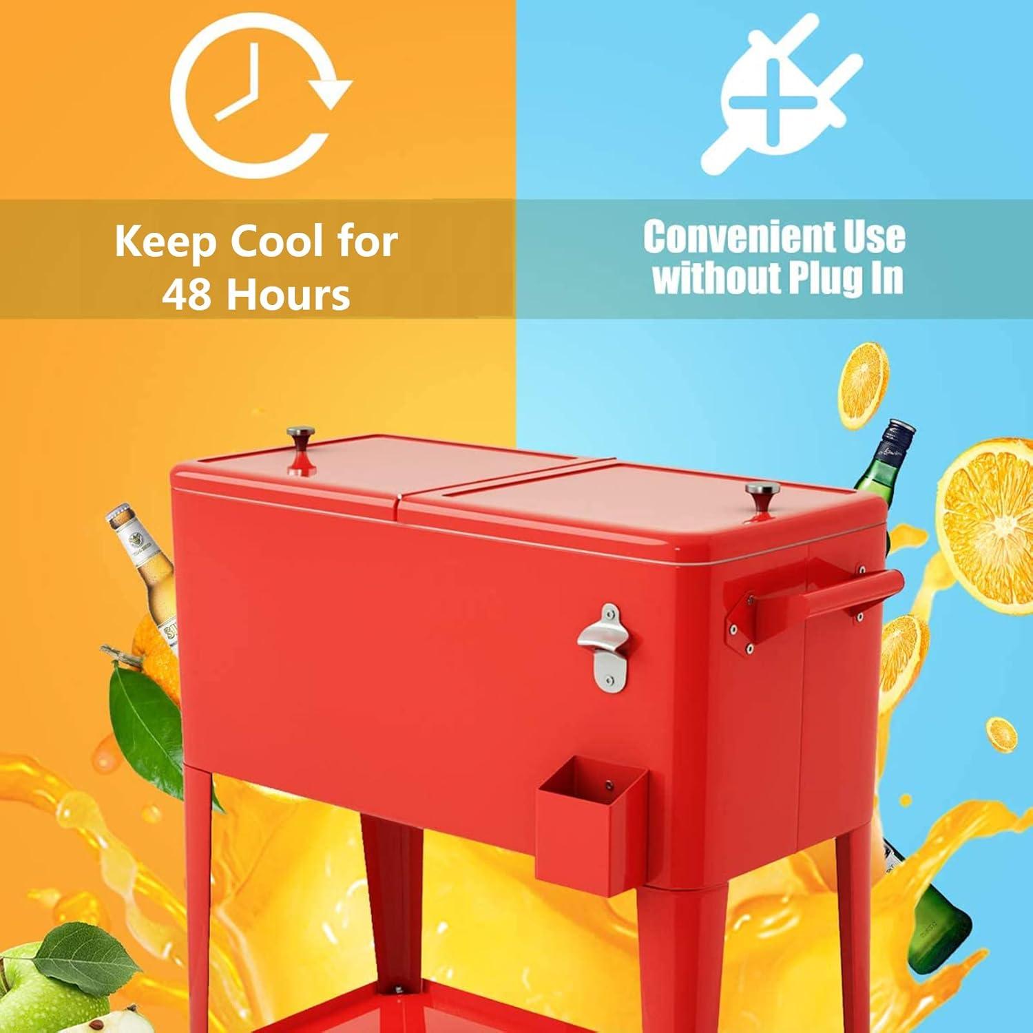 image:imageGiantex 80 Quart Rolling Patio Cooler Cart with Bottom Storage Shelf amp Drain Outdoor Ice Chest with Lockable Wheels Bottle Opener amp Cap Catcher for Party Poolside Backyard BBQRed