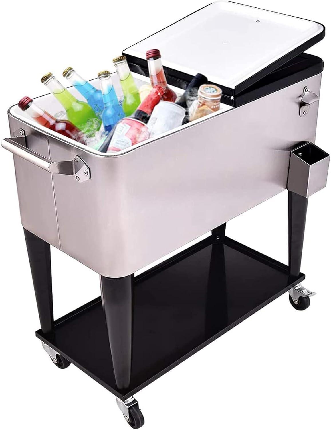 image:imageGiantex 80 Quart Rolling Patio Cooler Cart with Bottom Storage Shelf amp Drain Outdoor Ice Chest with Lockable Wheels Bottle Opener amp Cap Catcher for Party Poolside Backyard BBQSilver Black