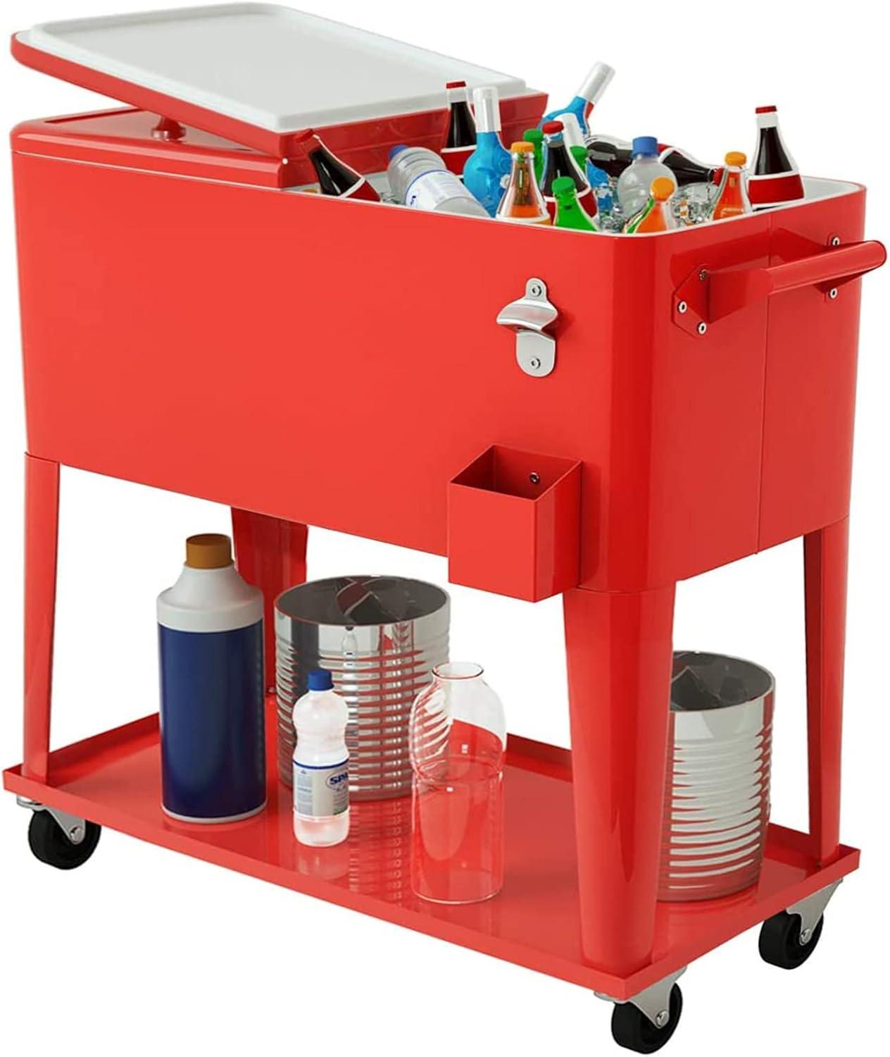 image:imageGiantex 80 Quart Rolling Patio Cooler Cart with Bottom Storage Shelf amp Drain Outdoor Ice Chest with Lockable Wheels Bottle Opener amp Cap Catcher for Party Poolside Backyard BBQRed