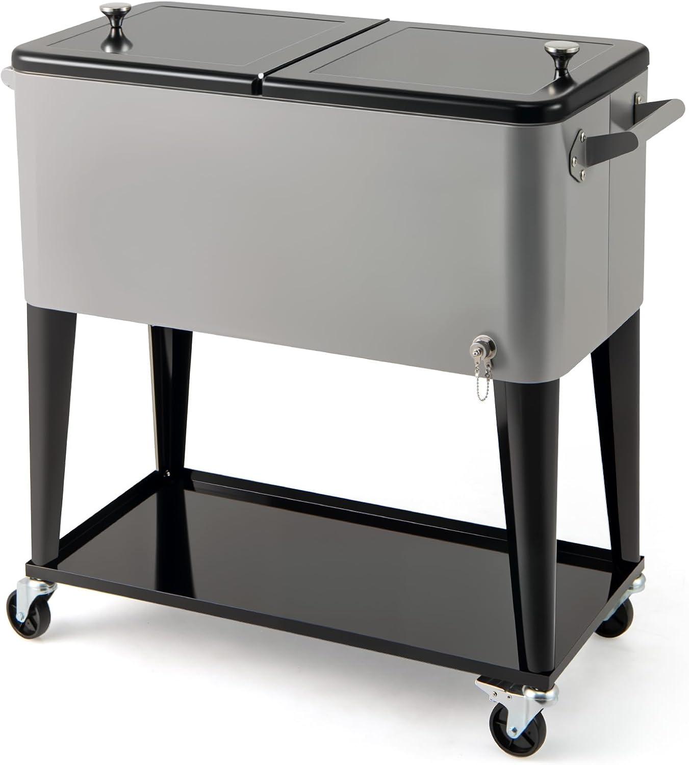 image:imageGiantex 80 Quart Rolling Patio Cooler Cart with Bottom Storage Shelf amp Drain Outdoor Ice Chest with Lockable Wheels Bottle Opener amp Cap Catcher for Party Poolside Backyard BBQGray Black