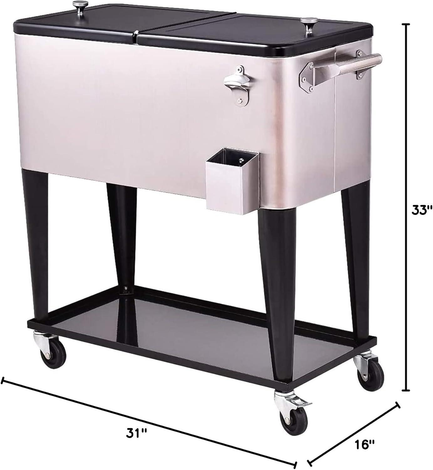 image:imageGiantex 80 Quart Rolling Patio Cooler Cart with Bottom Storage Shelf amp Drain Outdoor Ice Chest with Lockable Wheels Bottle Opener amp Cap Catcher for Party Poolside Backyard BBQSilver Black